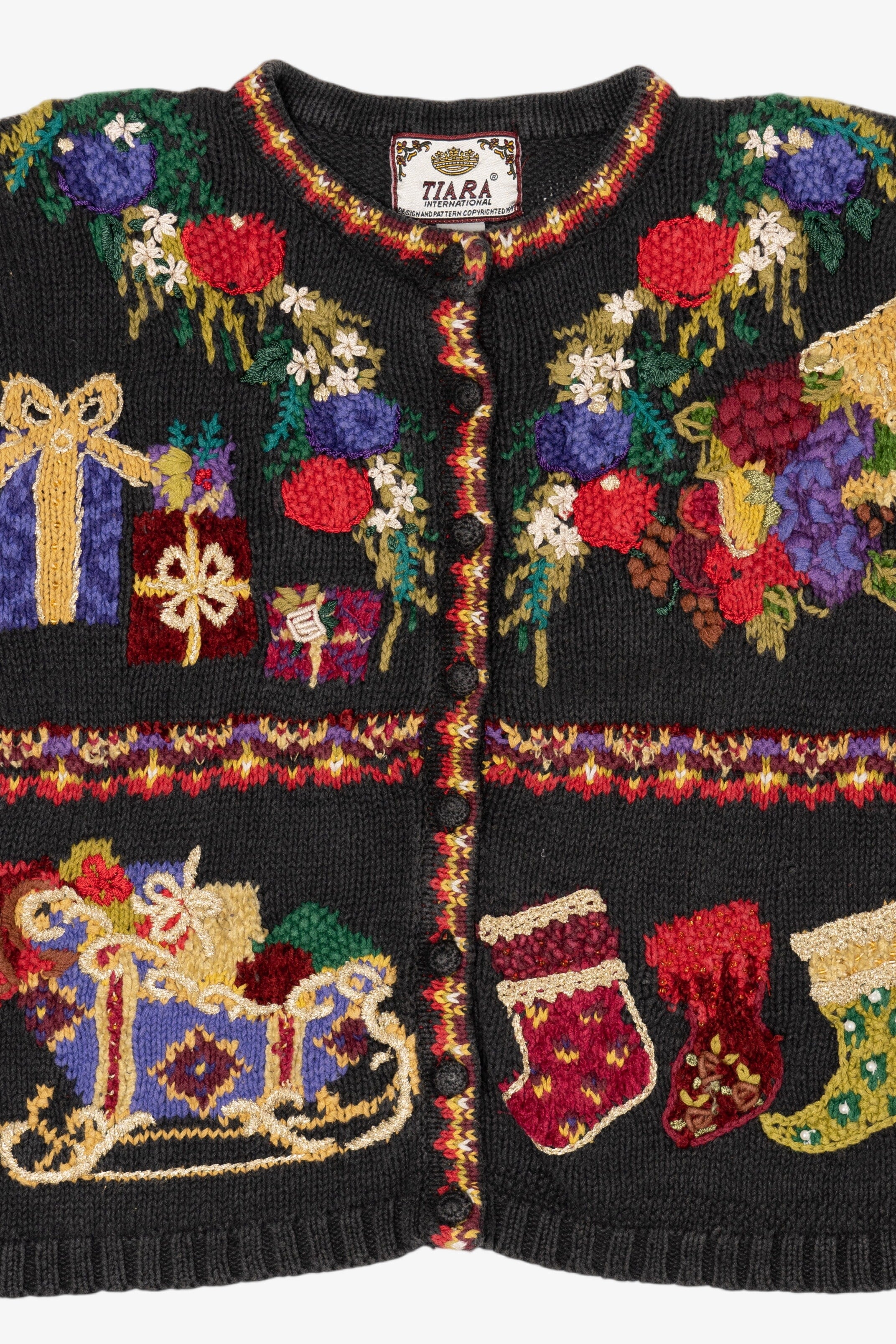 Vintage Black Tiara International Presents Ugly Christmas Cardigan (1990s)