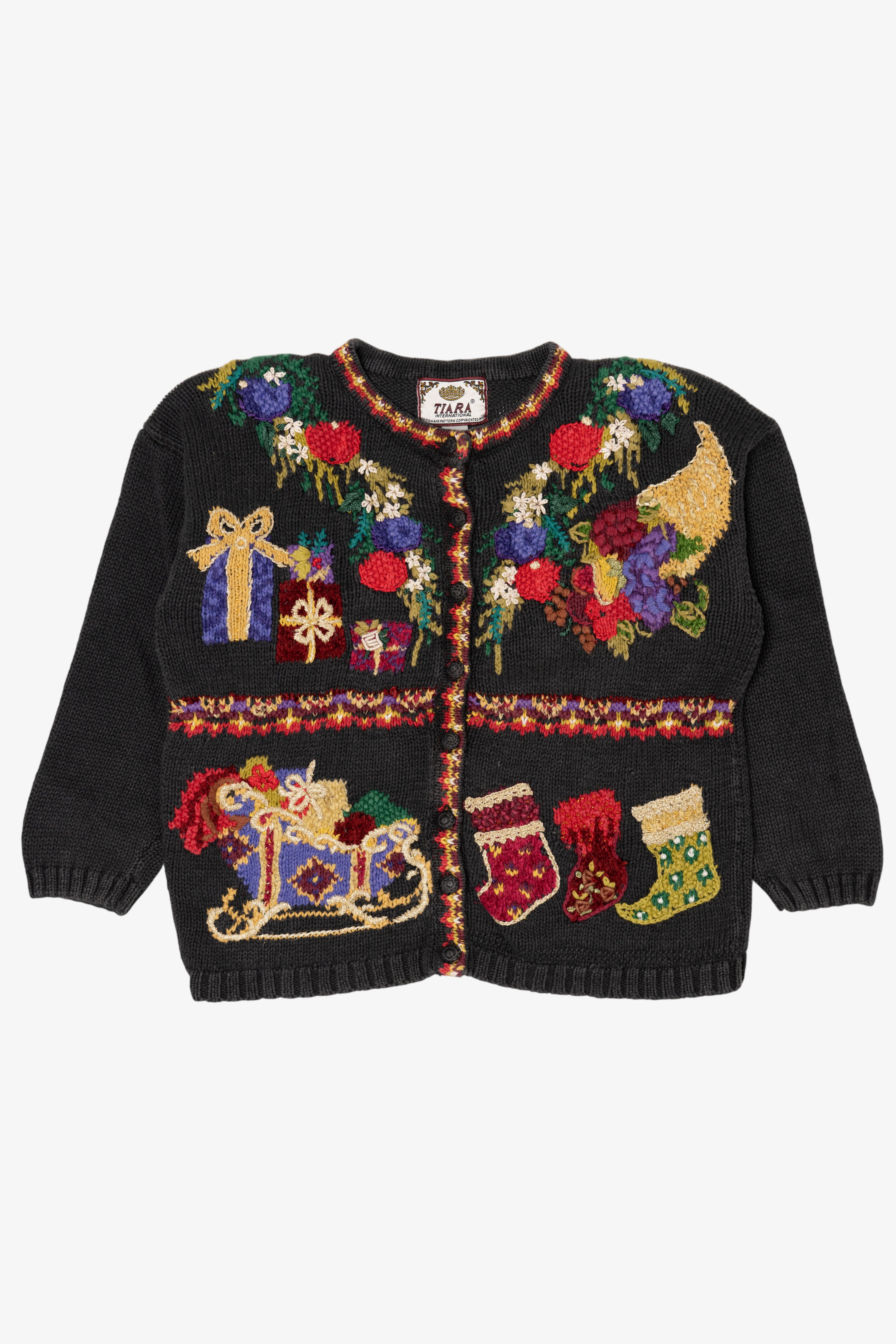 Vintage Black Tiara International Presents Ugly Christmas Cardigan (1990s)