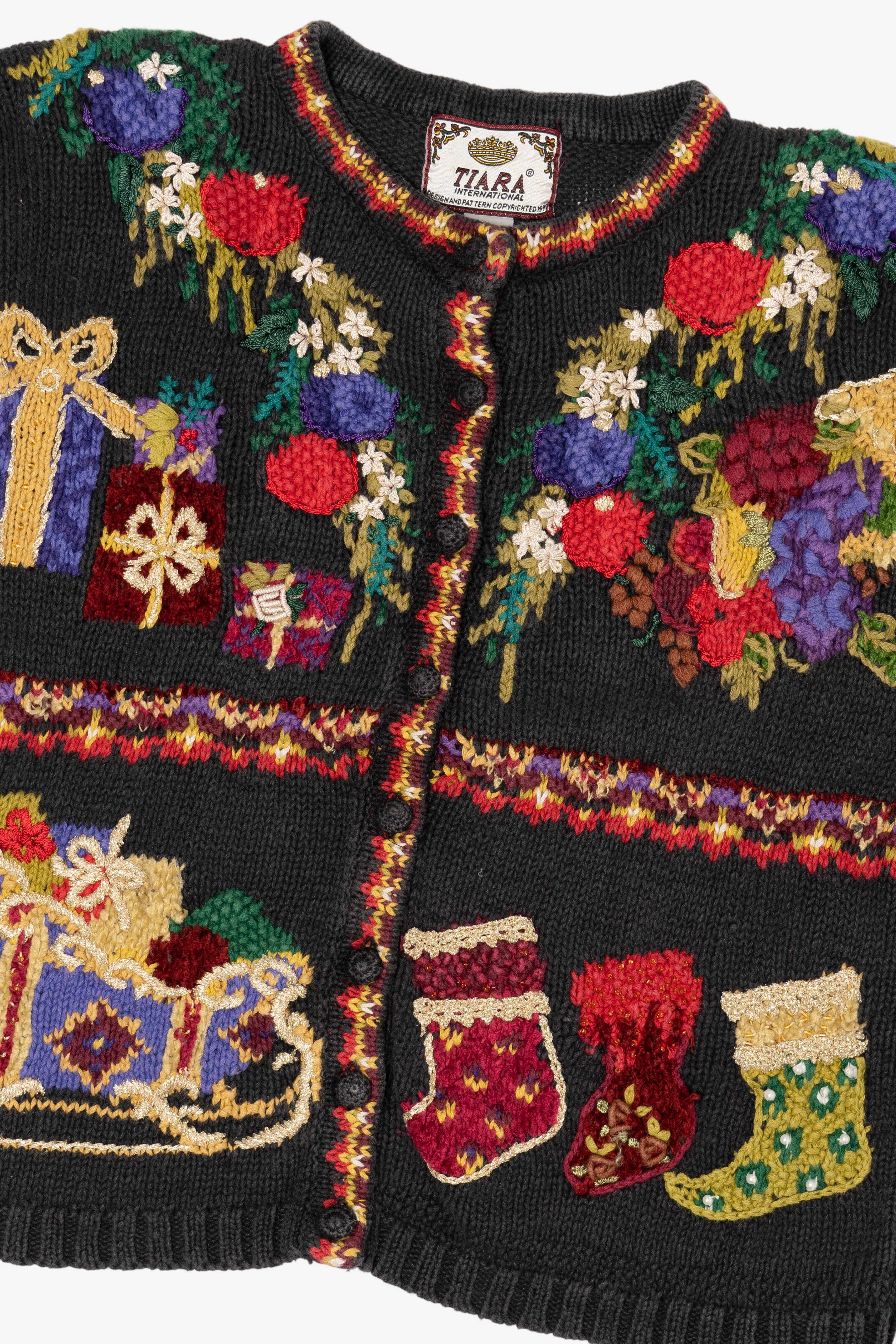 Vintage Black Tiara International Presents Ugly Christmas Cardigan (1990s)