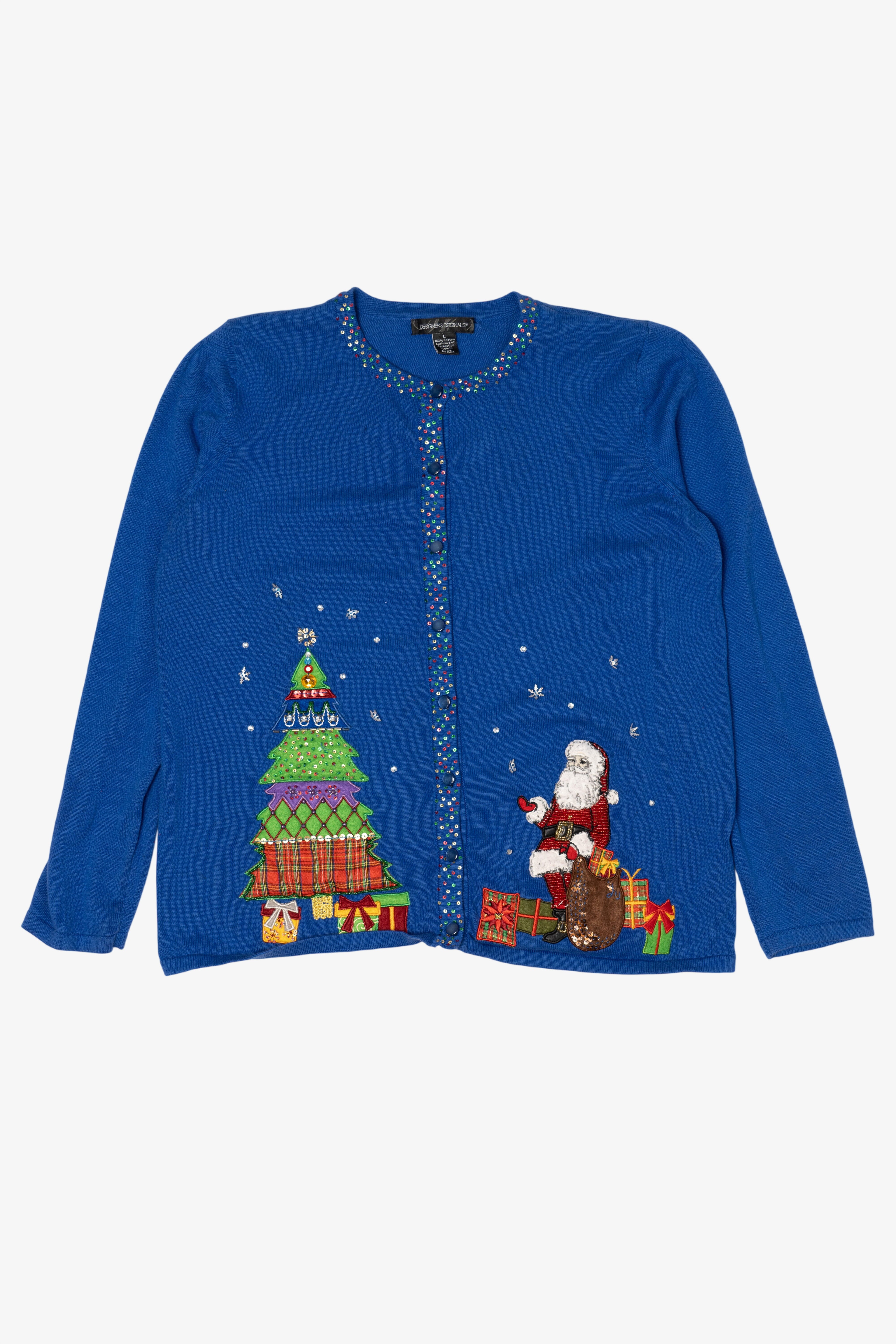 Vintage Y2k Lightweight Blue Designers Originals Santa Ugly Christmas Cardigan (2000s)
