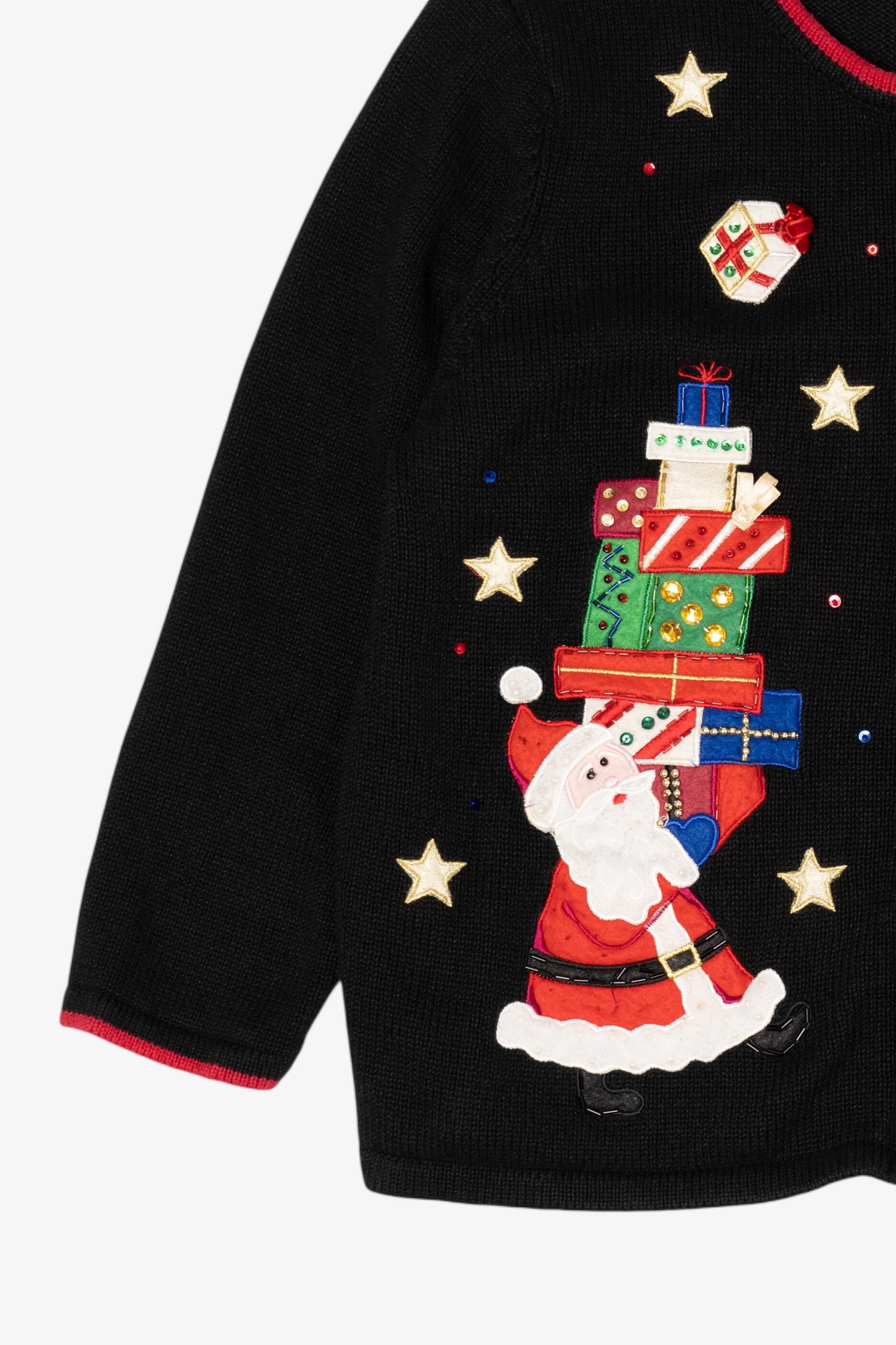 Vintage Black Tiara International Santa With Presents Ugly Christmas Cardigan (2000s)