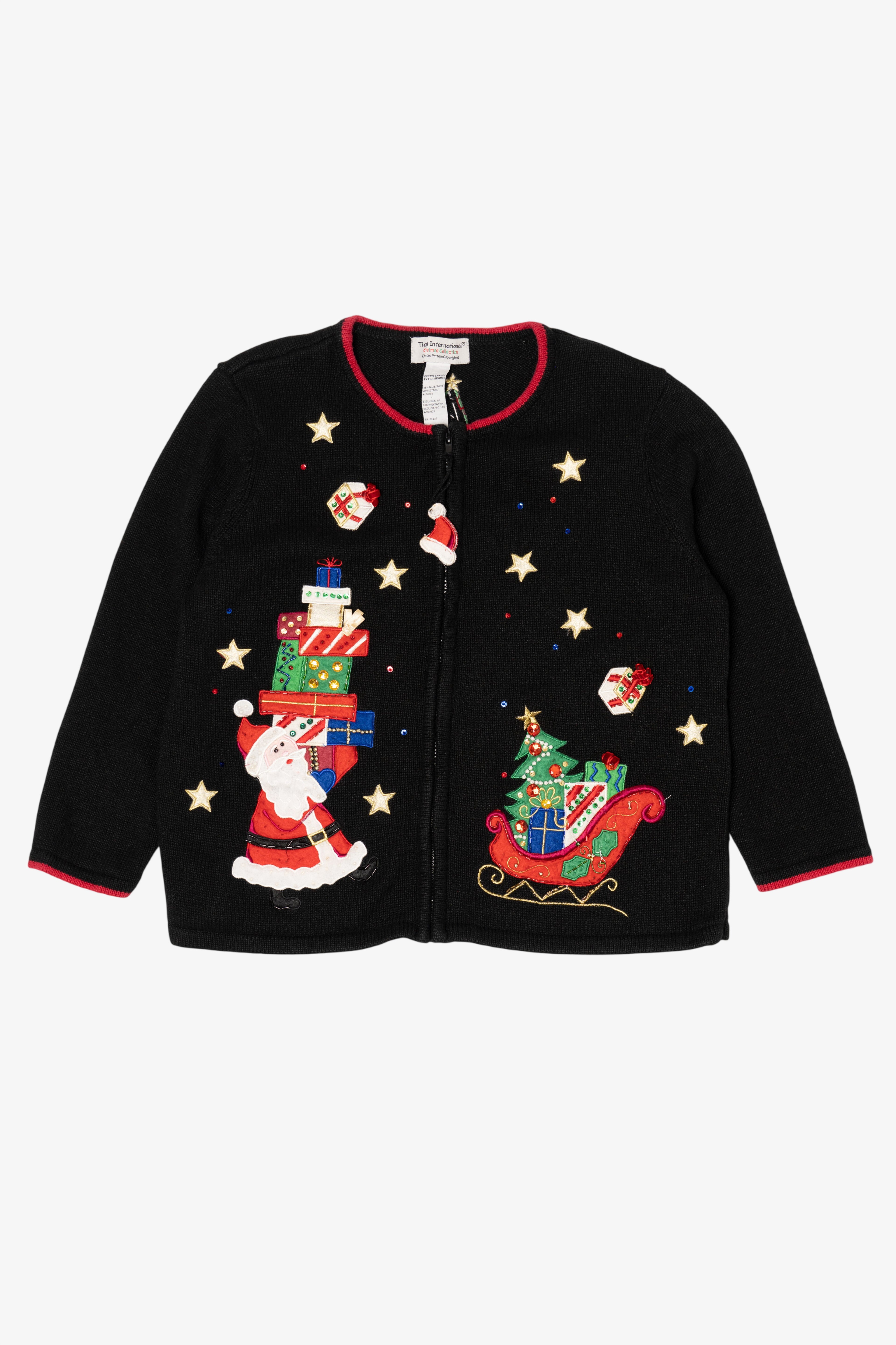 Vintage Black Tiara International Santa With Presents Ugly Christmas Cardigan (2000s)