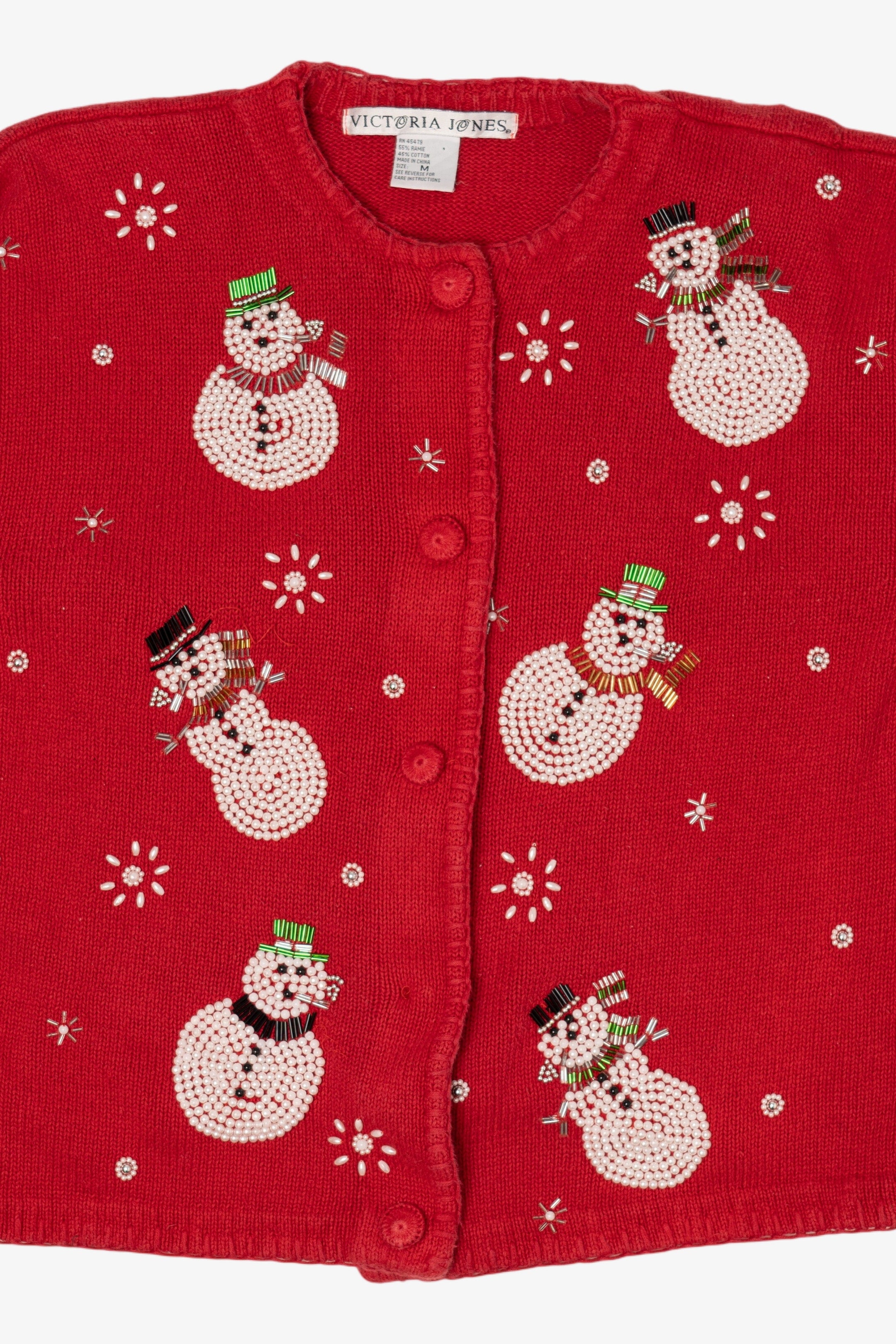 Vintage Red Victoria Jones Beaded Snowmen Ugly Christmas Cardigan (1990s)