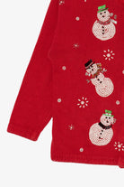Vintage Red Victoria Jones Beaded Snowmen Ugly Christmas Cardigan (1990s)