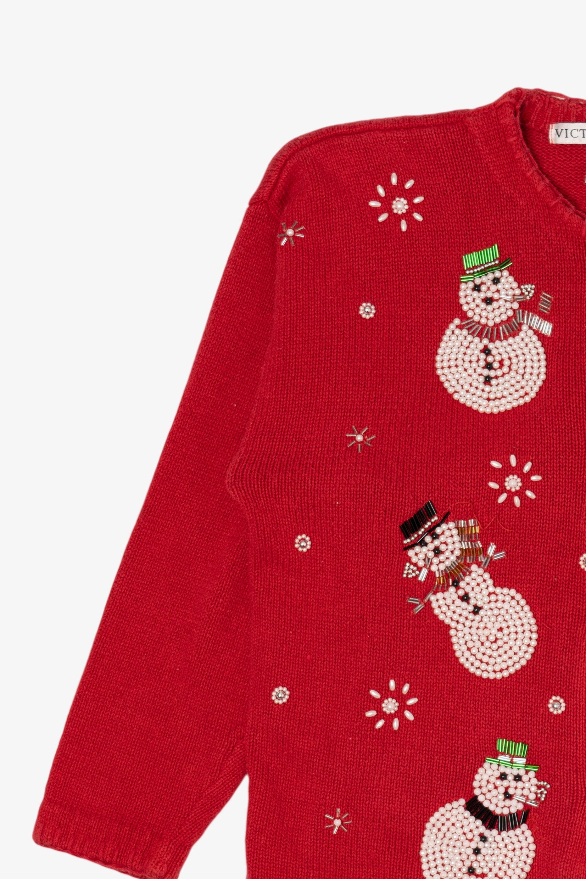 Vintage Red Victoria Jones Beaded Snowmen Ugly Christmas Cardigan (1990s)