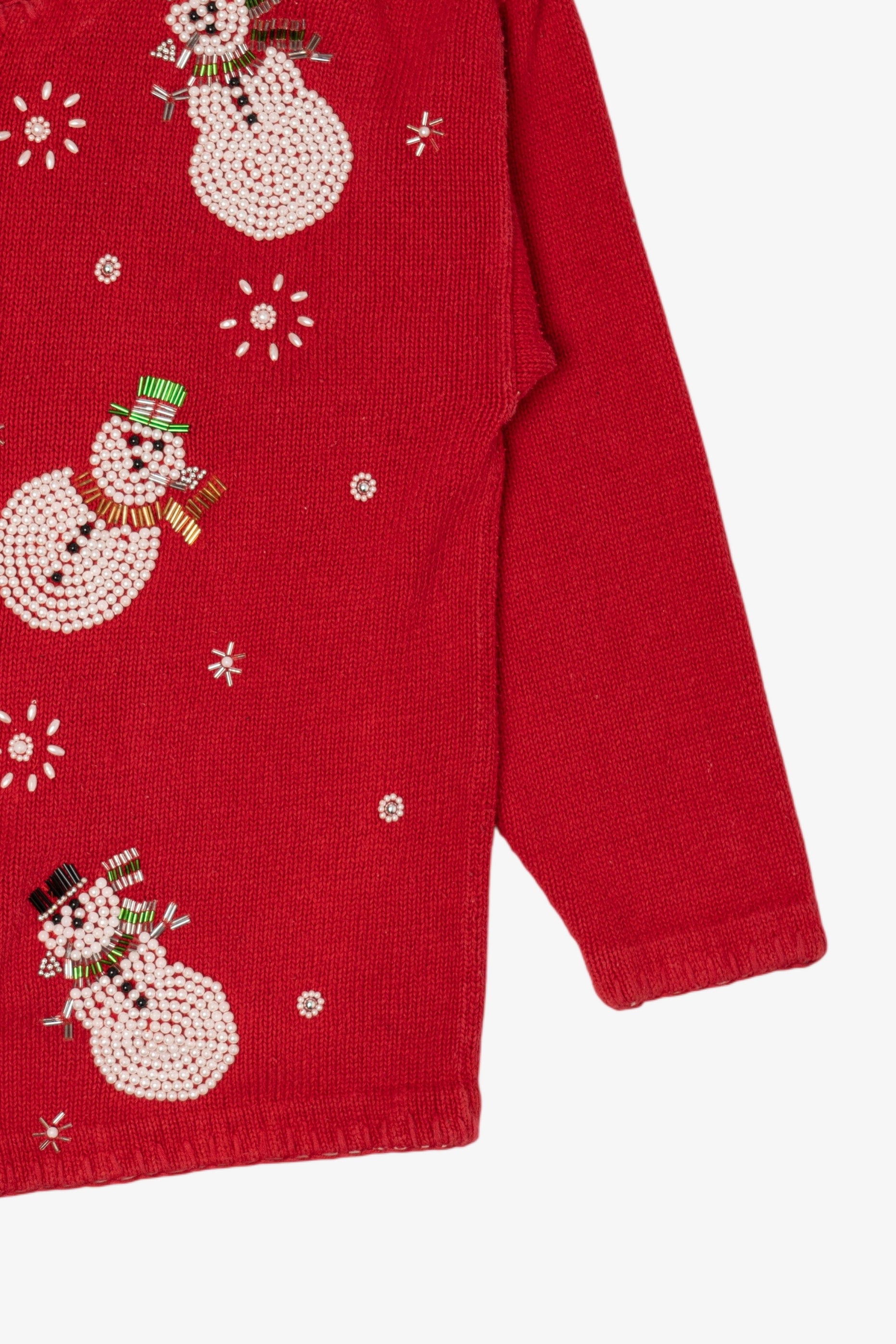 Vintage Red Victoria Jones Beaded Snowmen Ugly Christmas Cardigan (1990s)