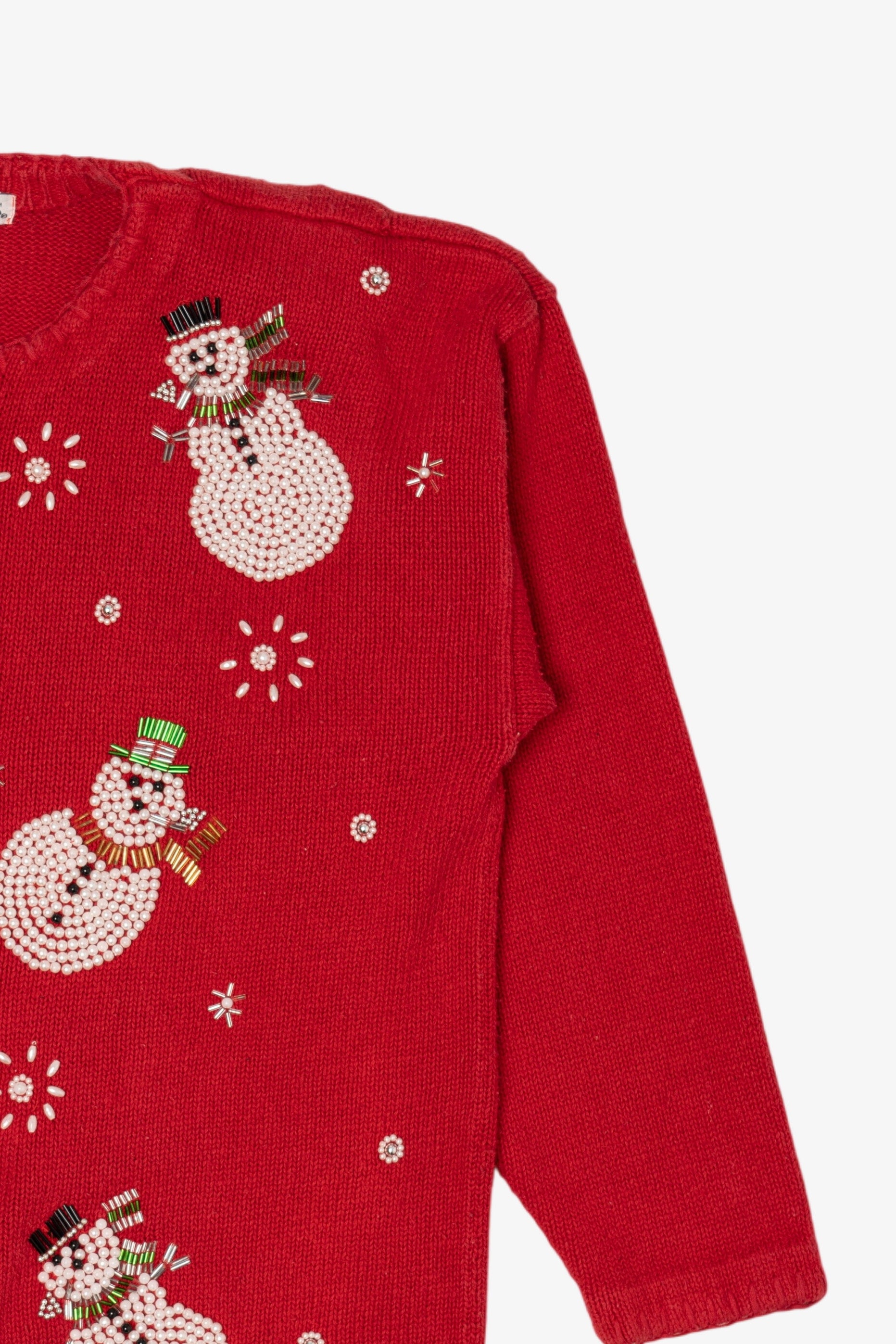 Vintage Red Victoria Jones Beaded Snowmen Ugly Christmas Cardigan (1990s)