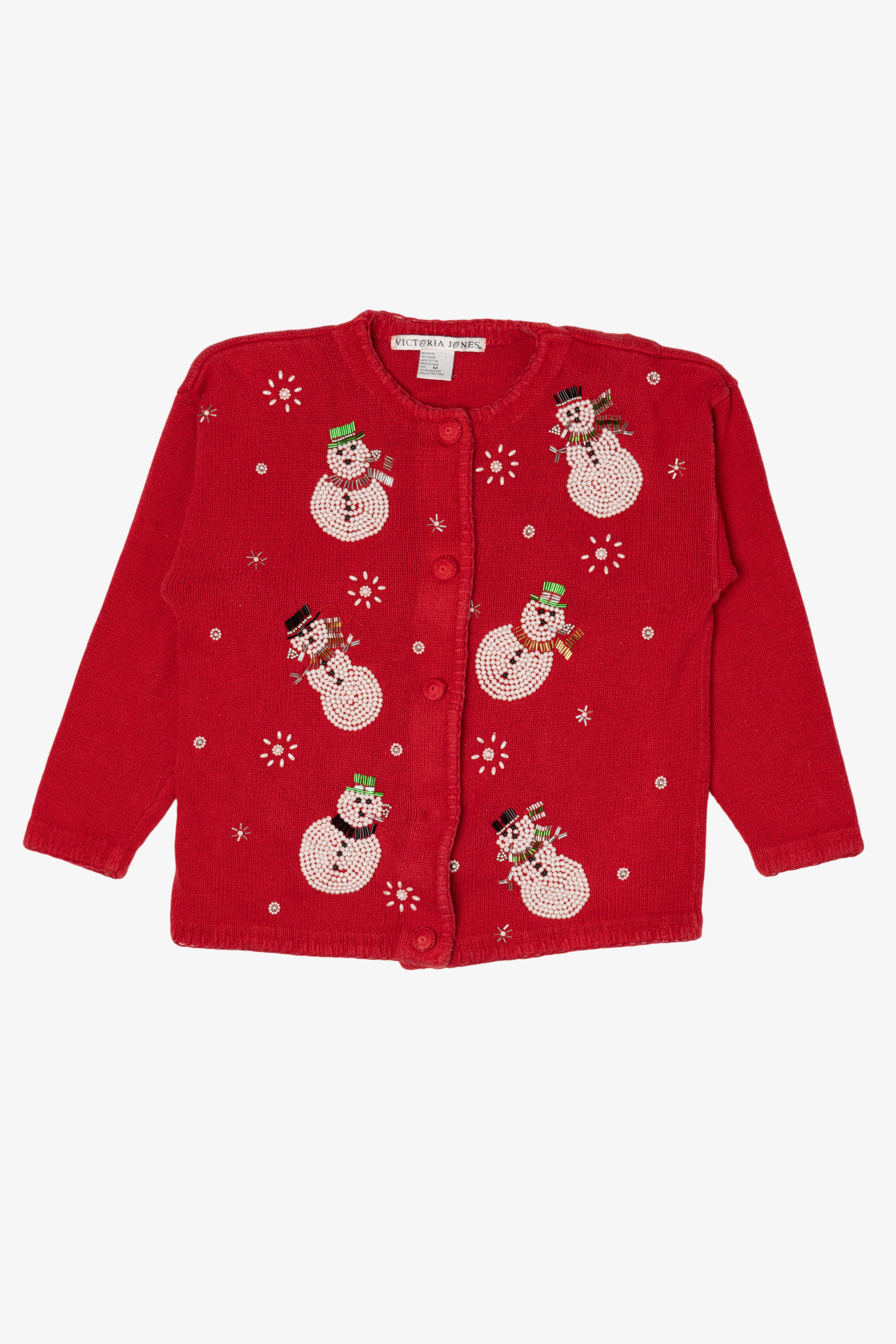 Vintage Red Victoria Jones Beaded Snowmen Ugly Christmas Cardigan (1990s)