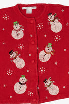 Vintage Red Victoria Jones Beaded Snowmen Ugly Christmas Cardigan (1990s)