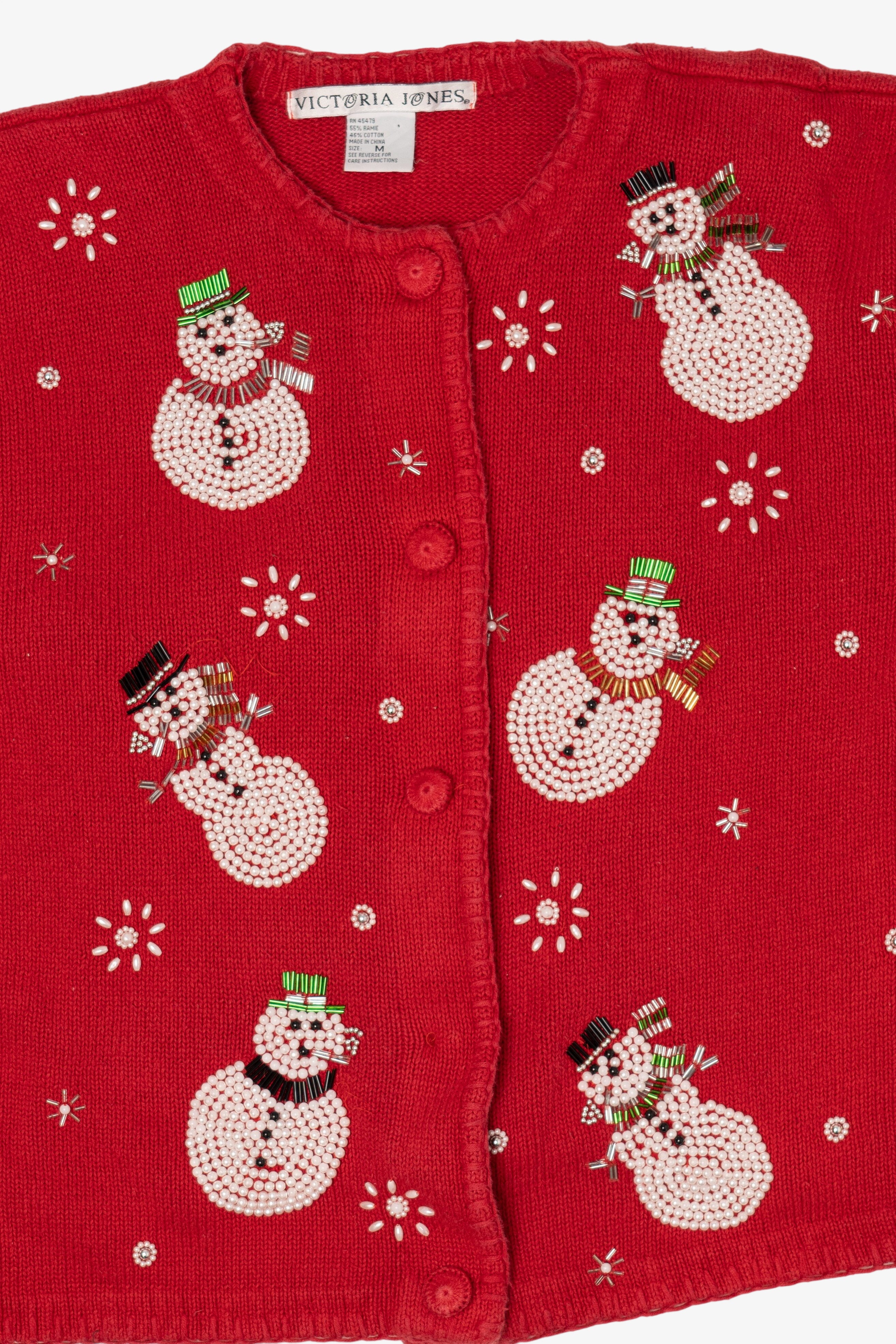 Vintage Red Victoria Jones Beaded Snowmen Ugly Christmas Cardigan (1990s)