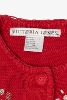 Vintage Red Victoria Jones Beaded Snowmen Ugly Christmas Cardigan (1990s)
