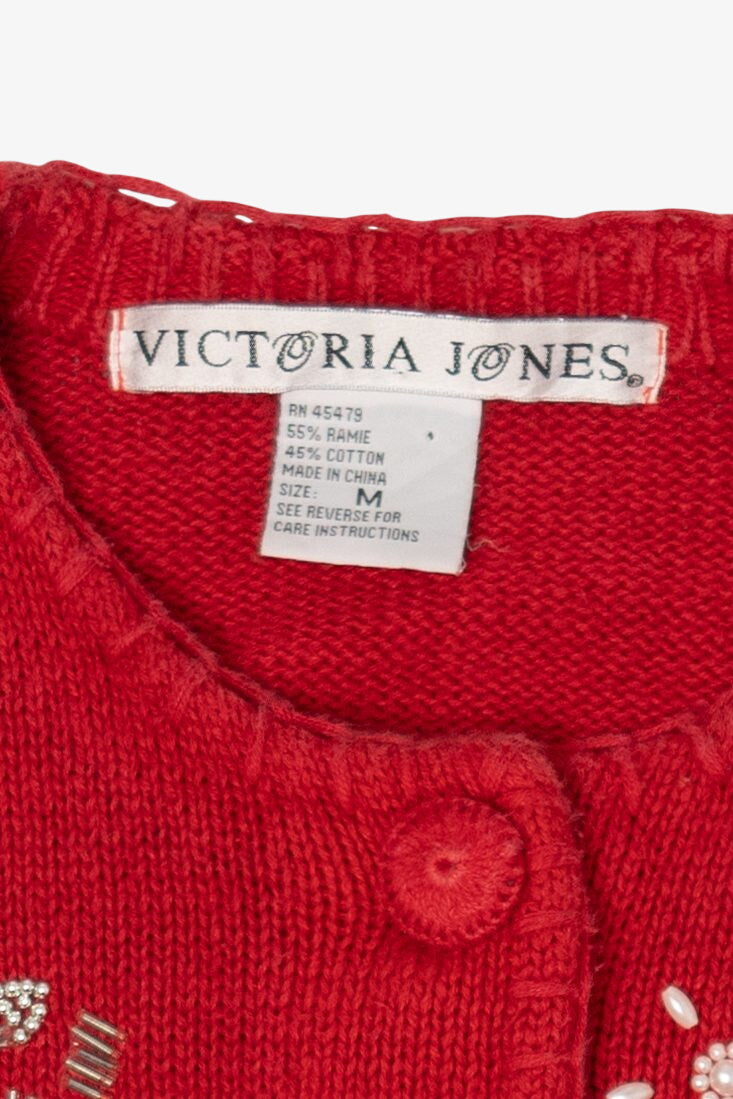 Vintage Red Victoria Jones Beaded Snowmen Ugly Christmas Cardigan (1990s)