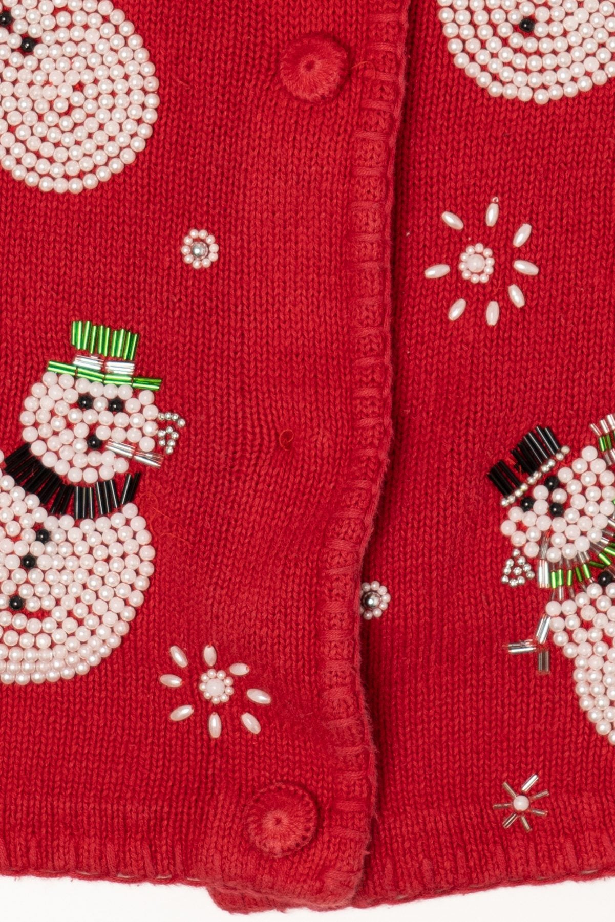 Vintage Red Victoria Jones Beaded Snowmen Ugly Christmas Cardigan (1990s)