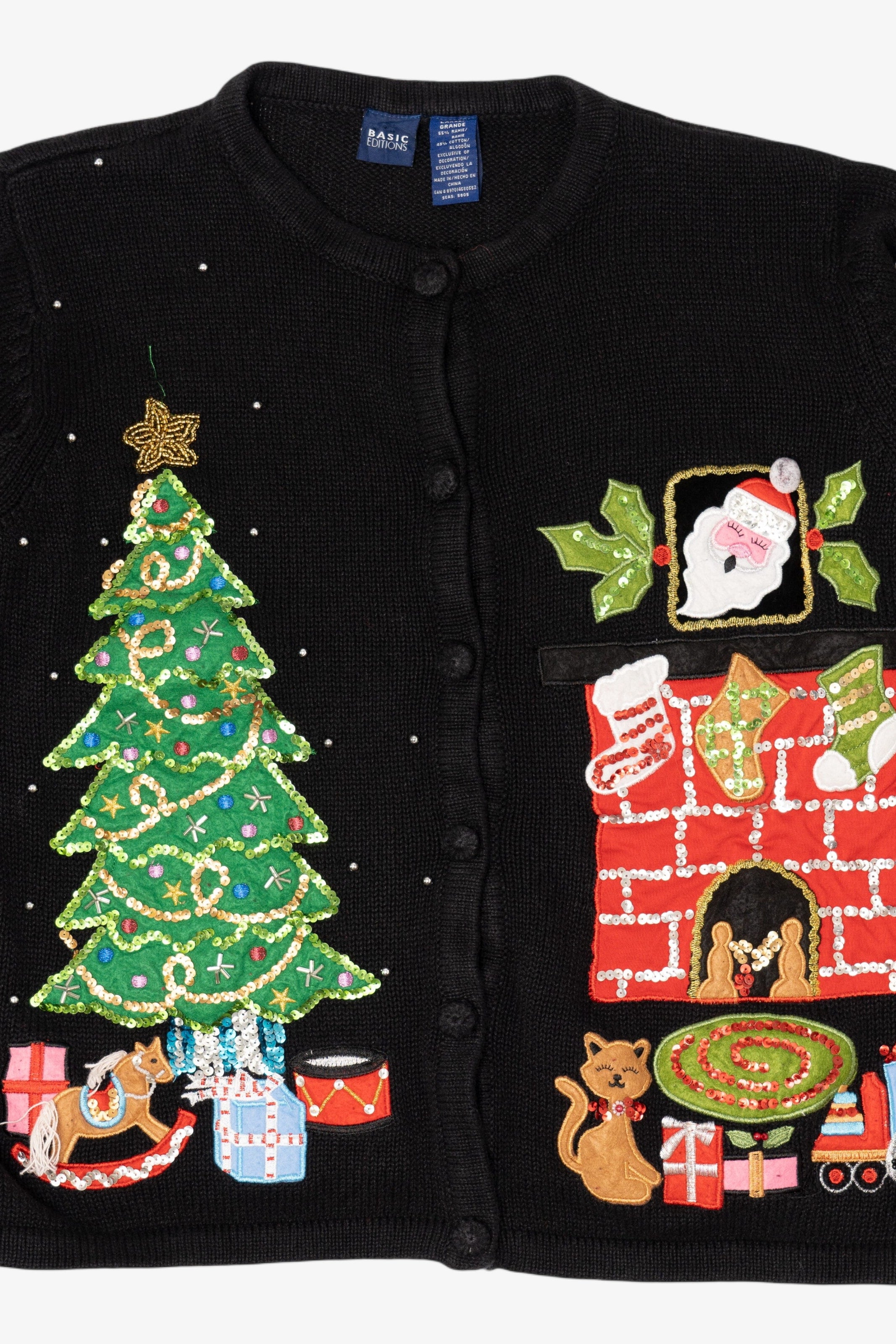 Vintage Black Basic Editions Cat By Fireplace Ugly Christmas Cardigan (1990s)