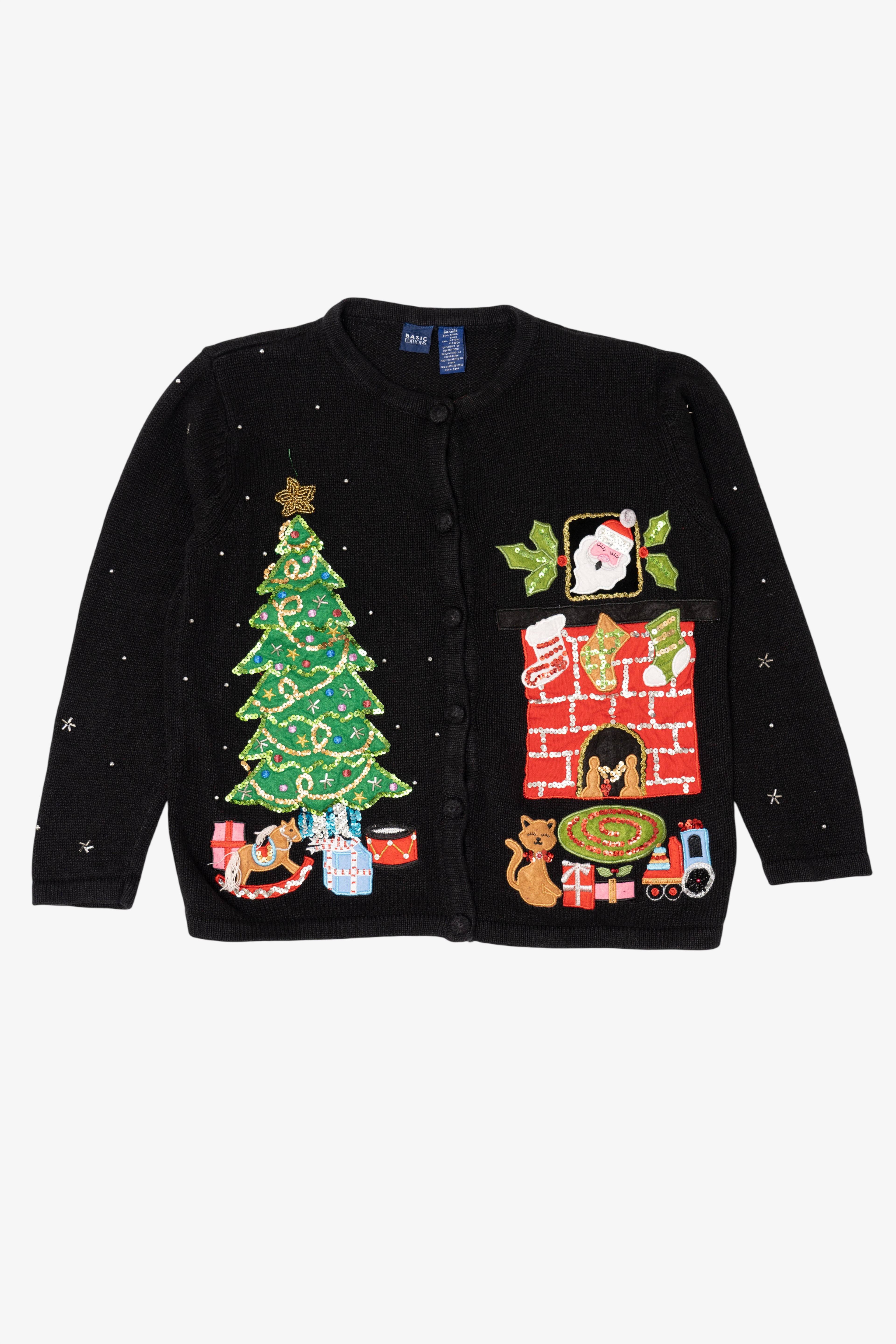 Vintage Black Basic Editions Cat By Fireplace Ugly Christmas Cardigan (1990s)