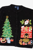 Vintage Black Basic Editions Cat By Fireplace Ugly Christmas Cardigan (1990s)