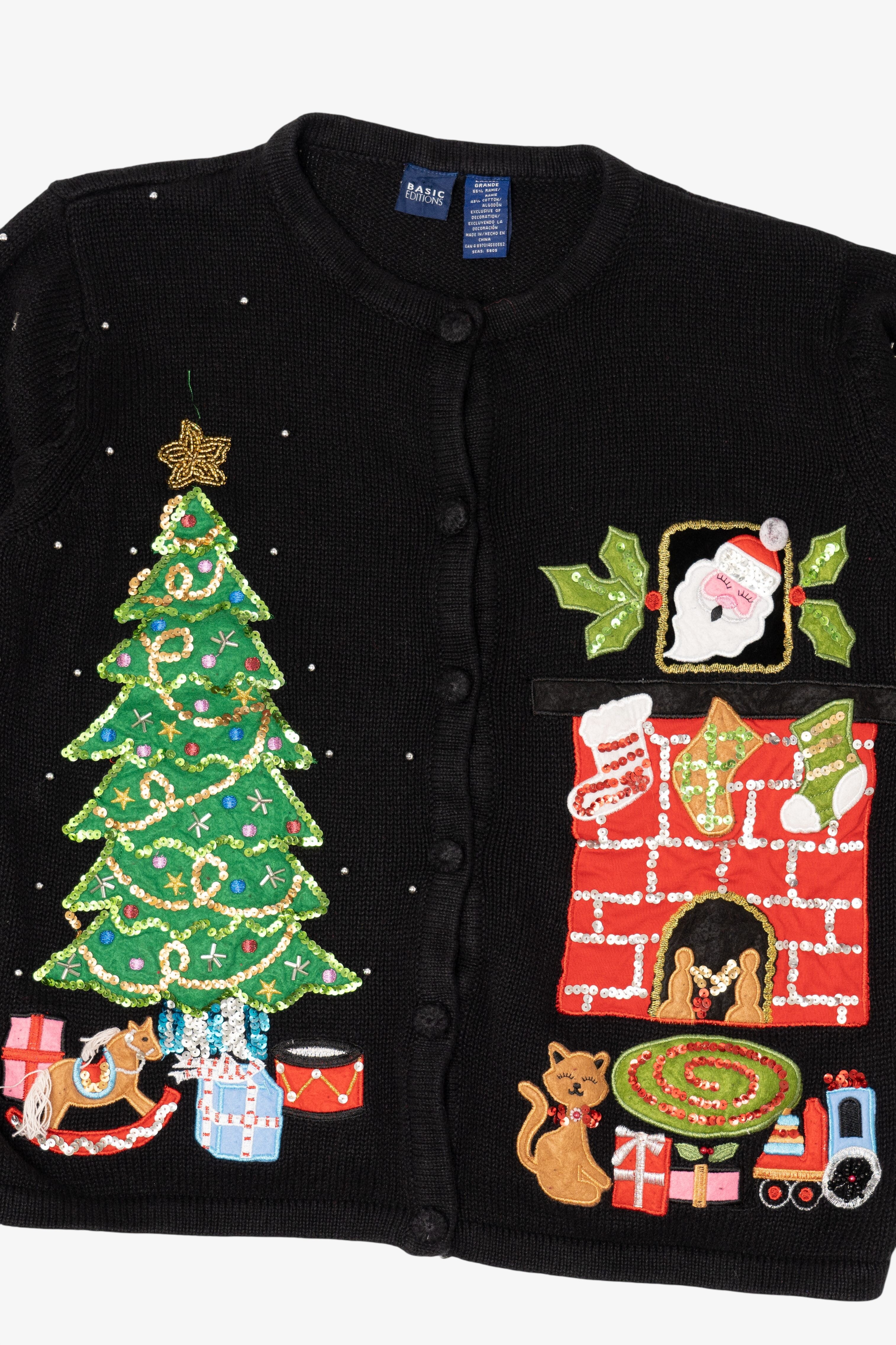 Vintage Black Basic Editions Cat By Fireplace Ugly Christmas Cardigan (1990s)