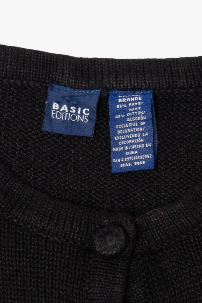 Vintage Black Basic Editions Cat By Fireplace Ugly Christmas Cardigan (1990s)