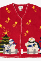 Vintage Red Quacker Factory Snowmen Ugly Christmas Cardigan (1990s)