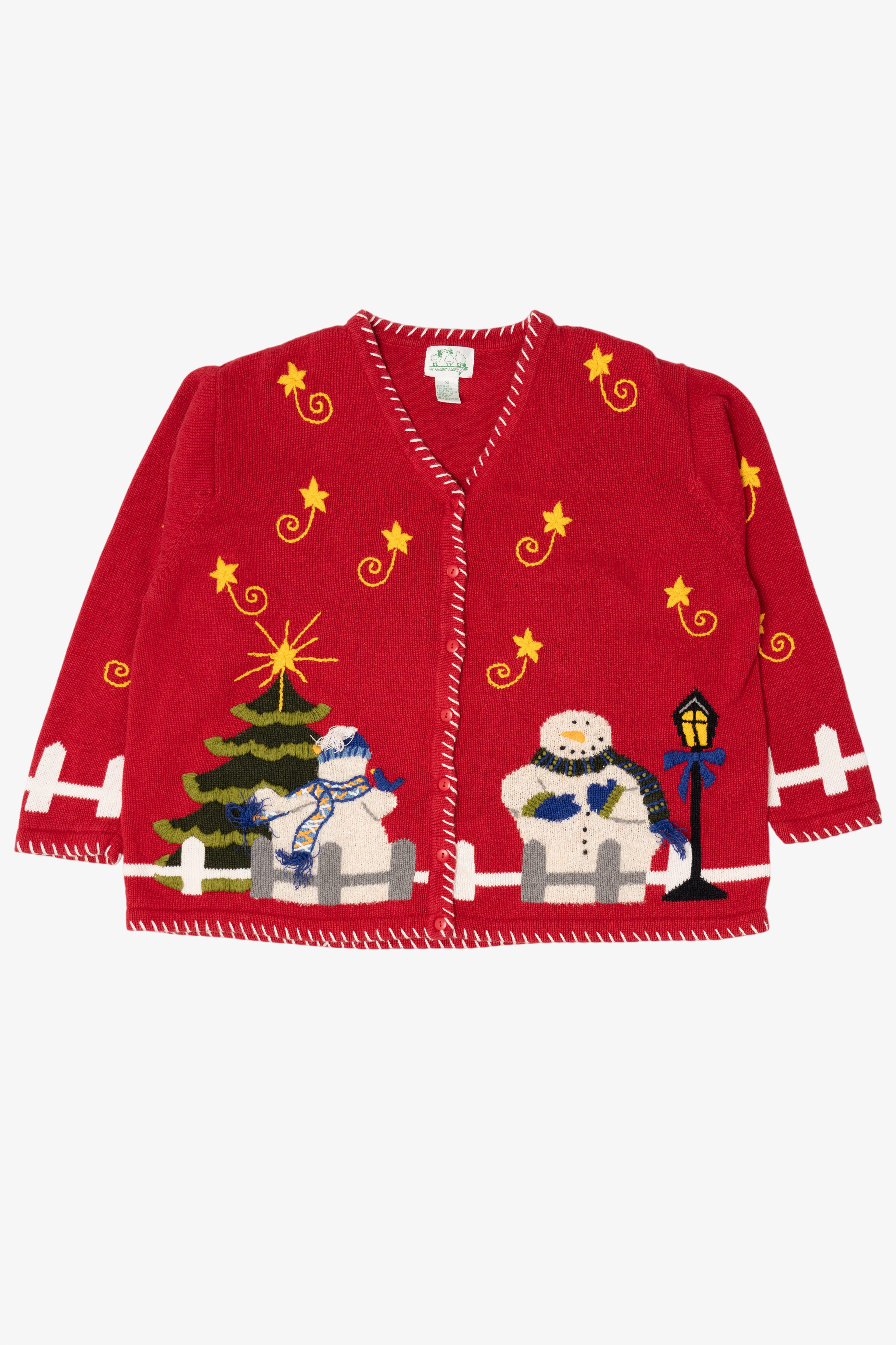 Vintage Red Quacker Factory Snowmen Ugly Christmas Cardigan (1990s)