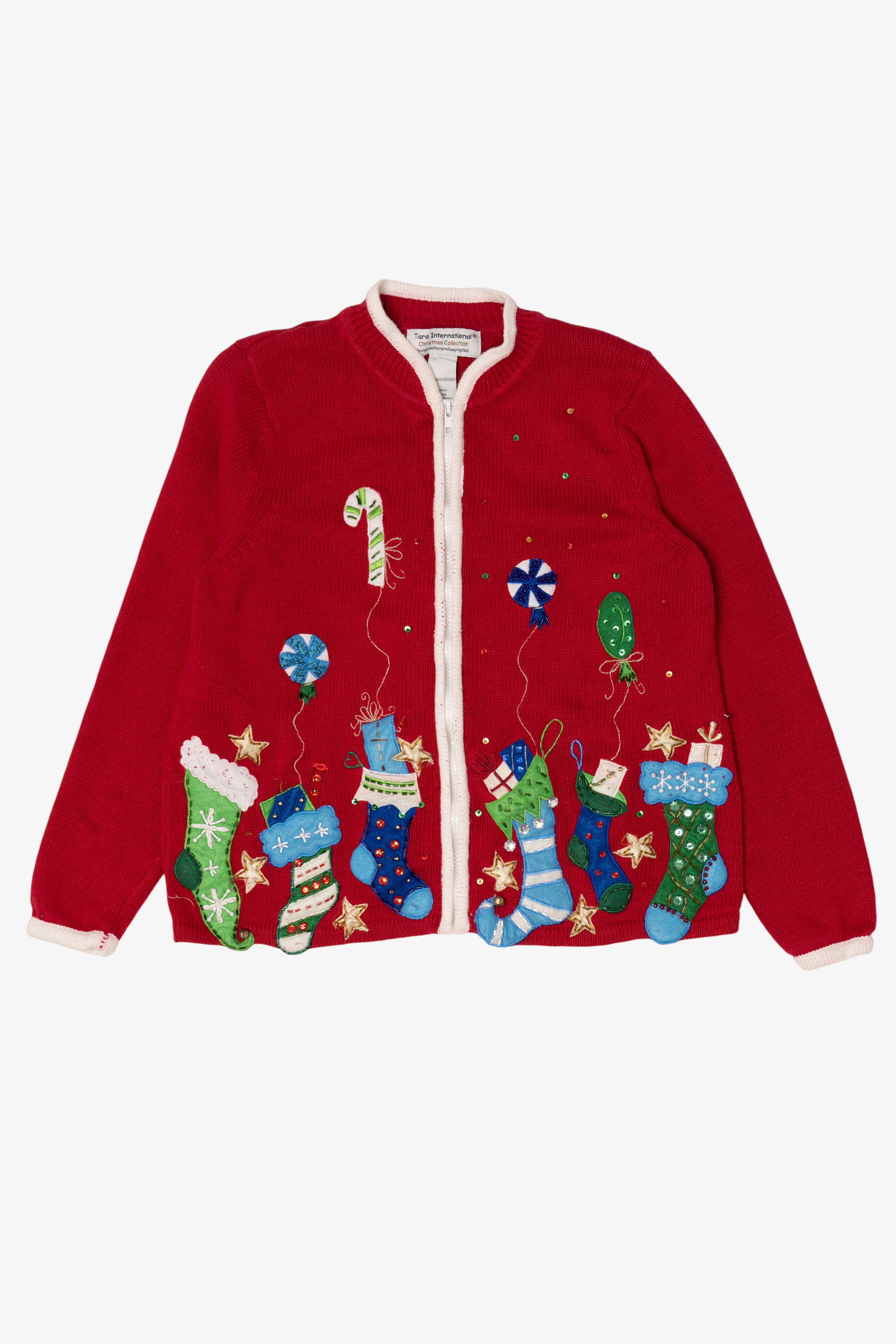 Vintage Red Tiara International Stockings Ugly Christmas Cardigan (2000s)
