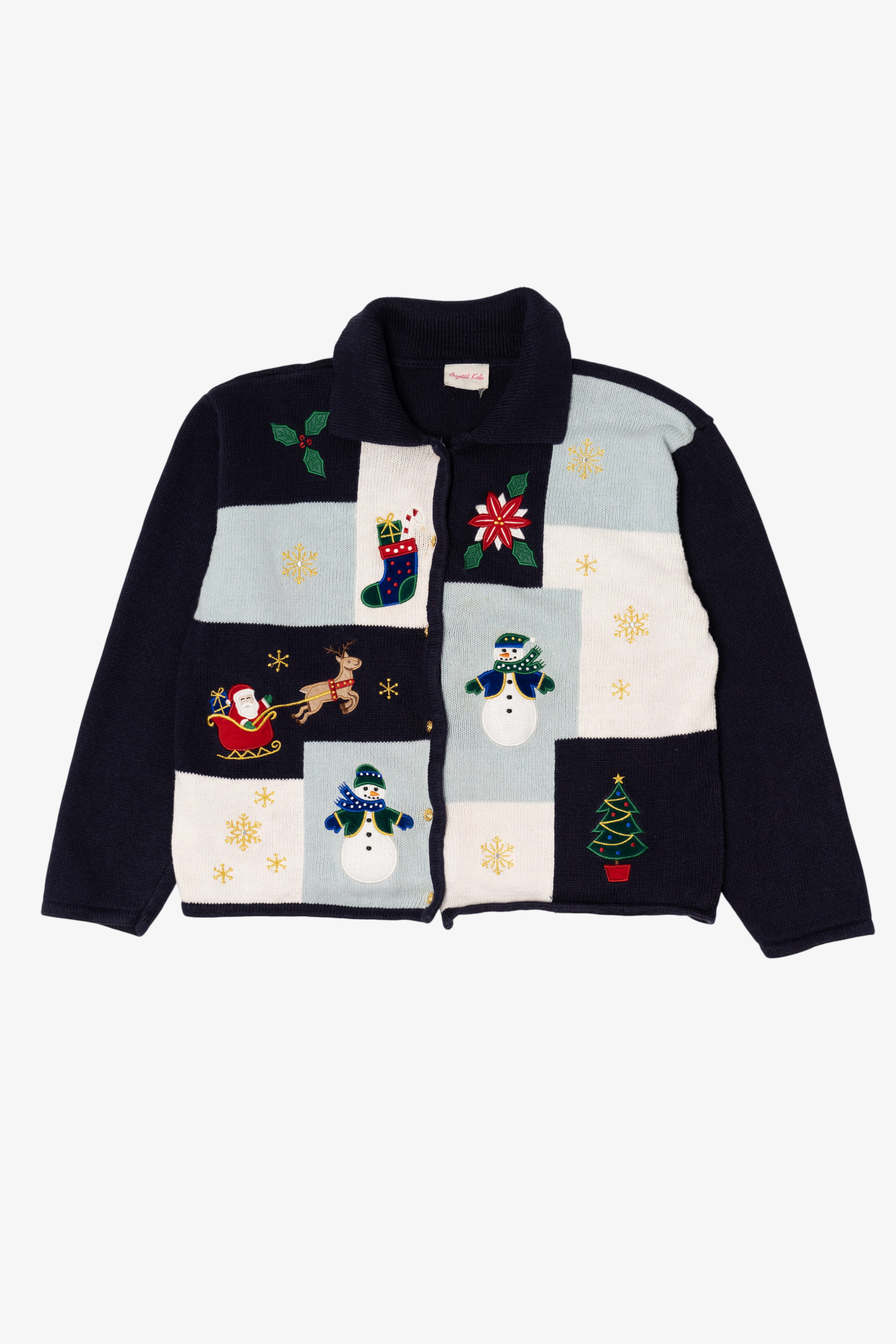 Vintage Black Crystal Kobe Snowmen Ugly Christmas Cardigan (1990s)