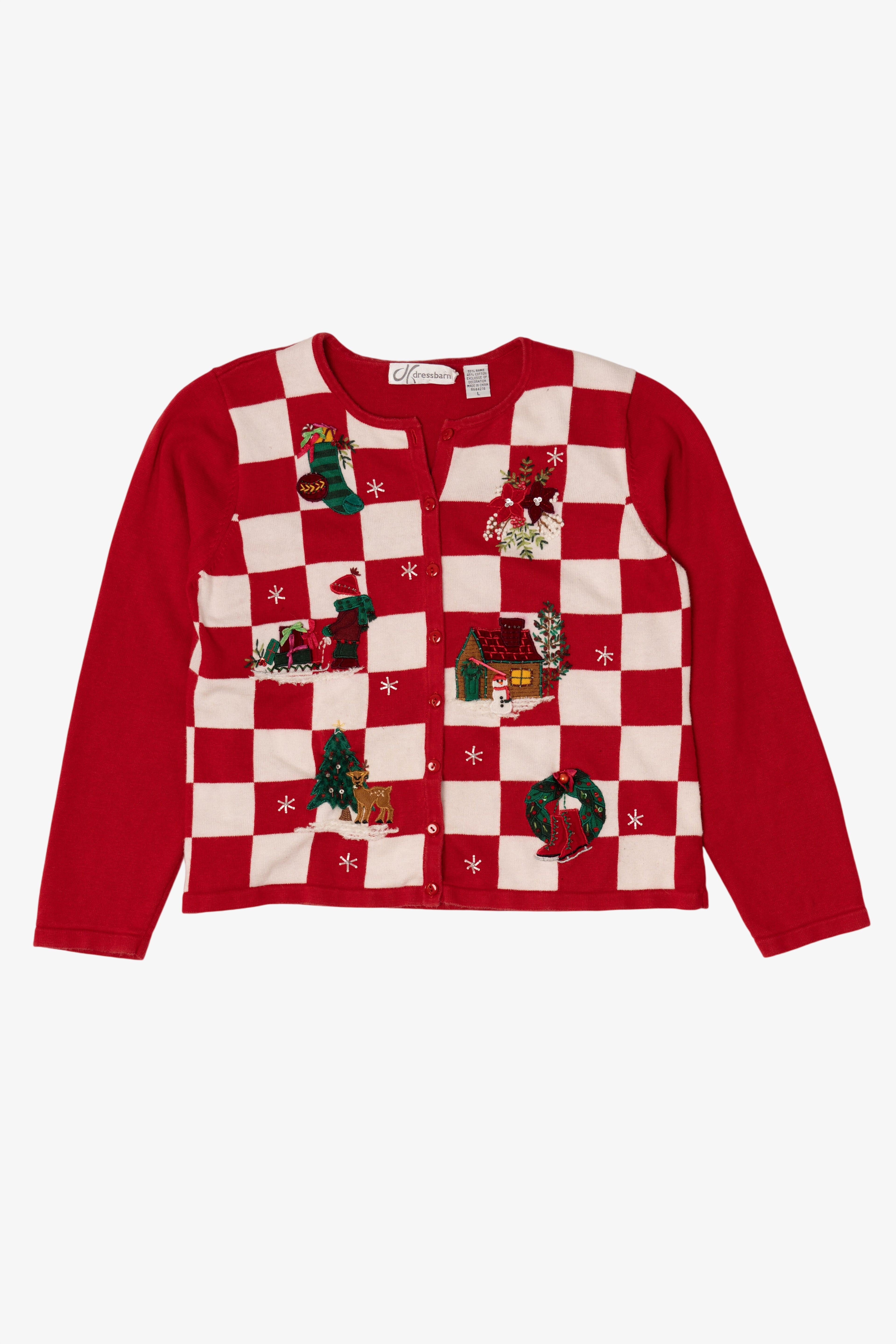 Vintage Red Checkered Dress Barn Ugly Christmas Cardigan (2000s)