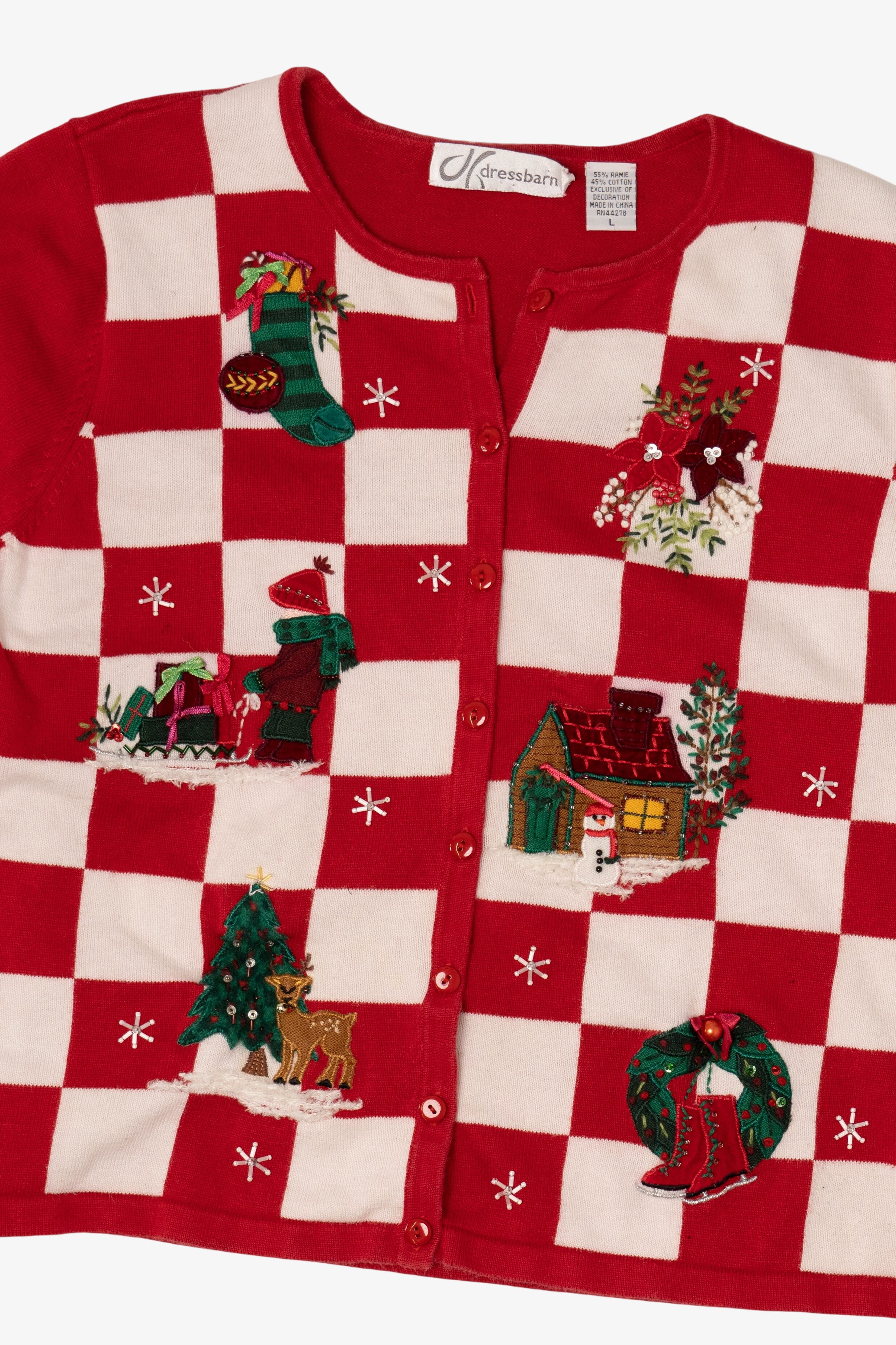 Vintage Red Checkered Dress Barn Ugly Christmas Cardigan (2000s)