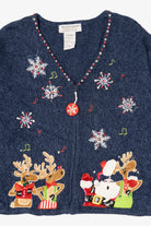 Vintage Blue Tiara International Reindeer Singing Ugly Christmas Cardigan (2000s)