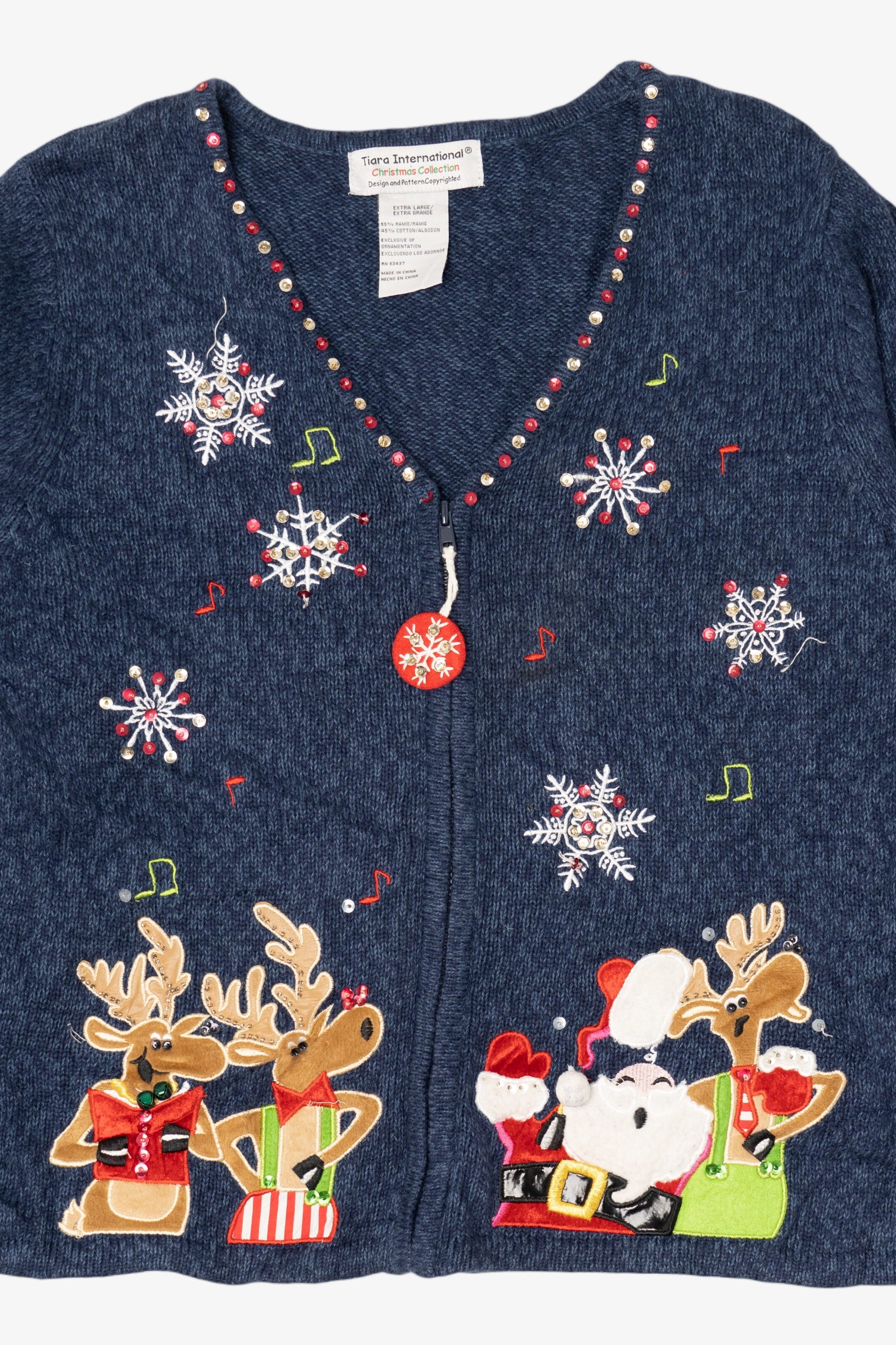 Vintage Blue Tiara International Reindeer Singing Ugly Christmas Cardigan (2000s)