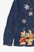 Vintage Blue Tiara International Reindeer Singing Ugly Christmas Cardigan (2000s)