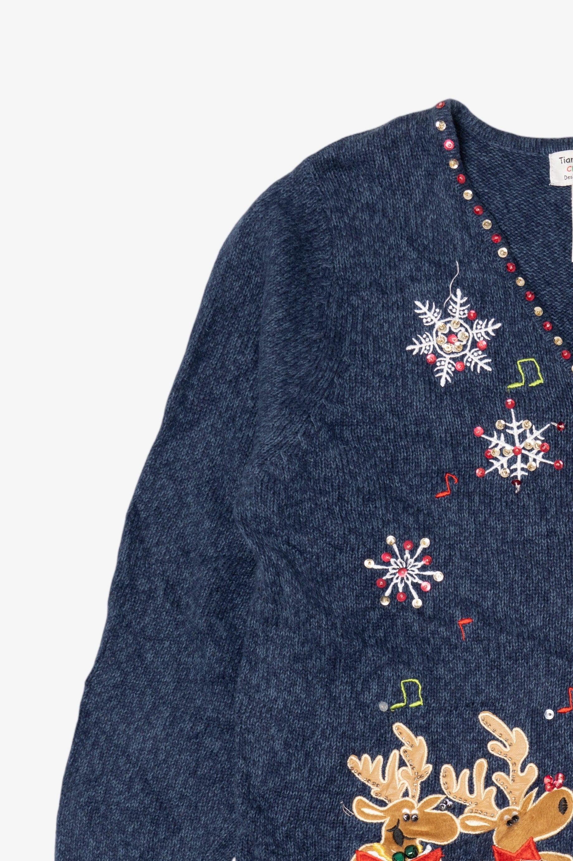 Vintage Blue Tiara International Reindeer Singing Ugly Christmas Cardigan (2000s)