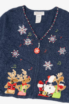 Vintage Blue Tiara International Reindeer Singing Ugly Christmas Cardigan (2000s)