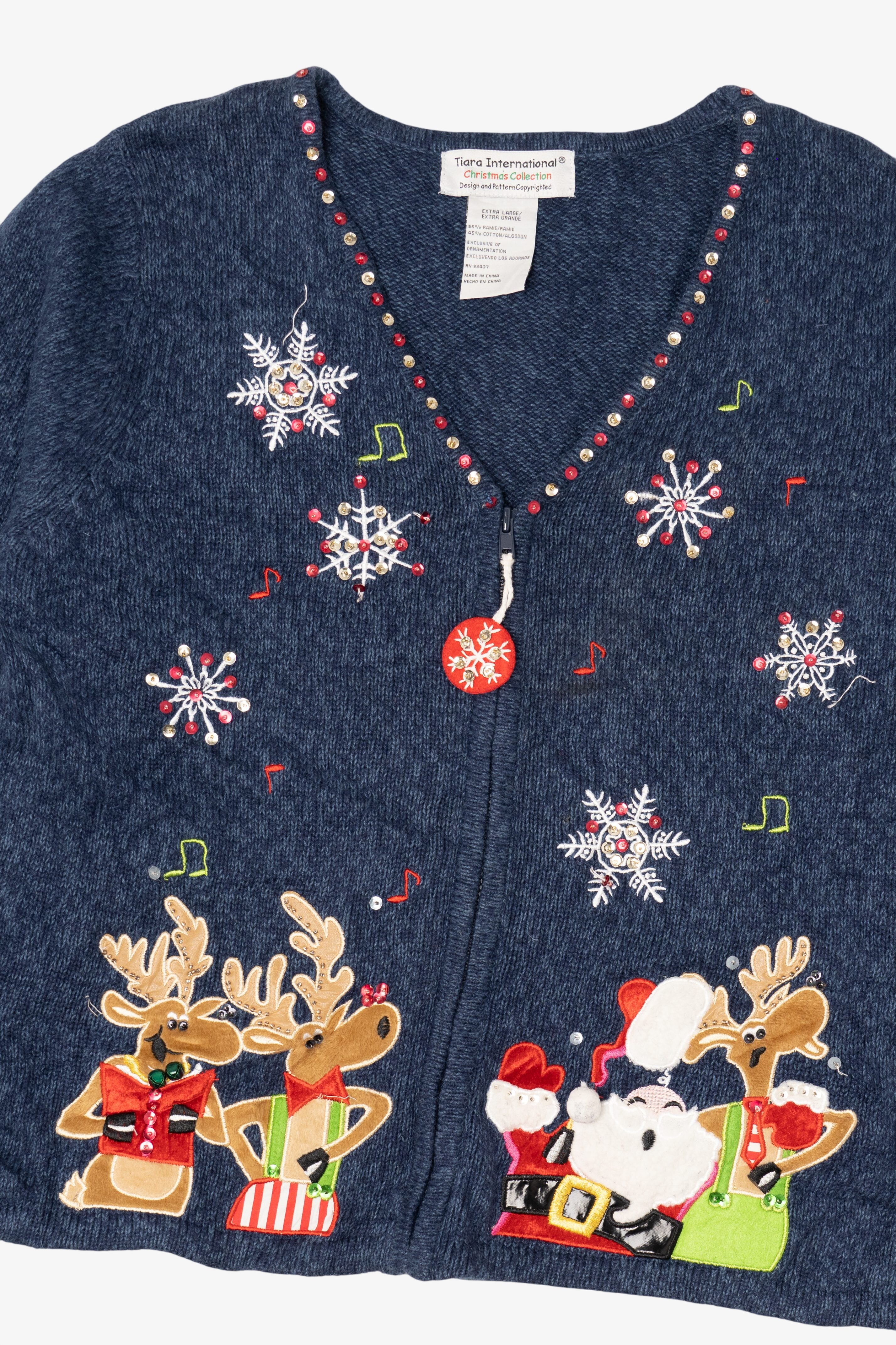 Vintage Blue Tiara International Reindeer Singing Ugly Christmas Cardigan (2000s)