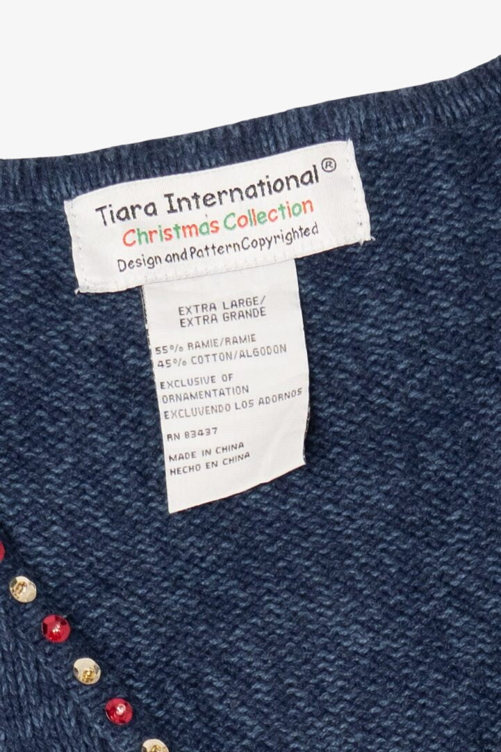 Vintage Blue Tiara International Reindeer Singing Ugly Christmas Cardigan (2000s)