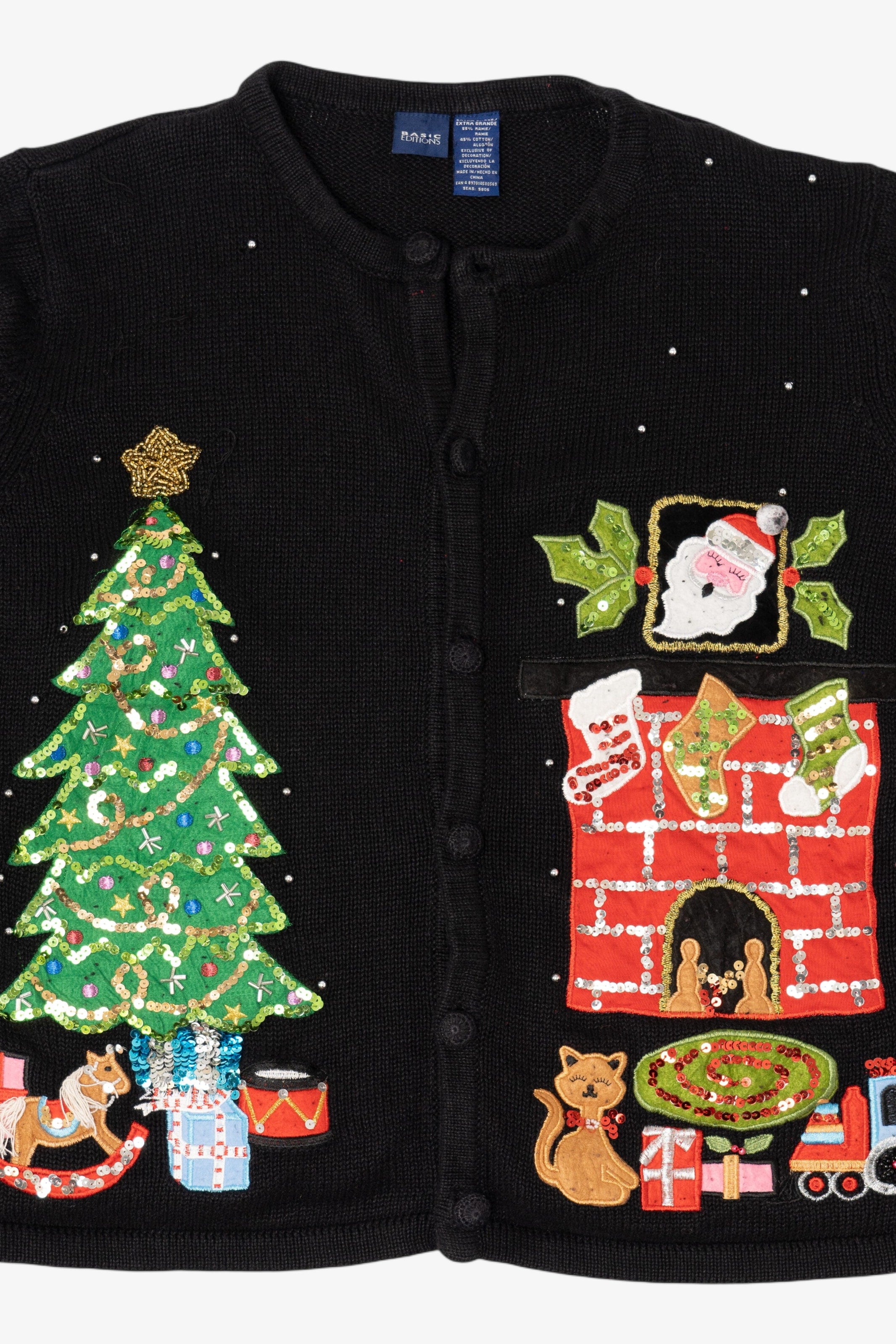 Vintage Black Basic Editions Presents Ugly Christmas Cardigan (1990s)