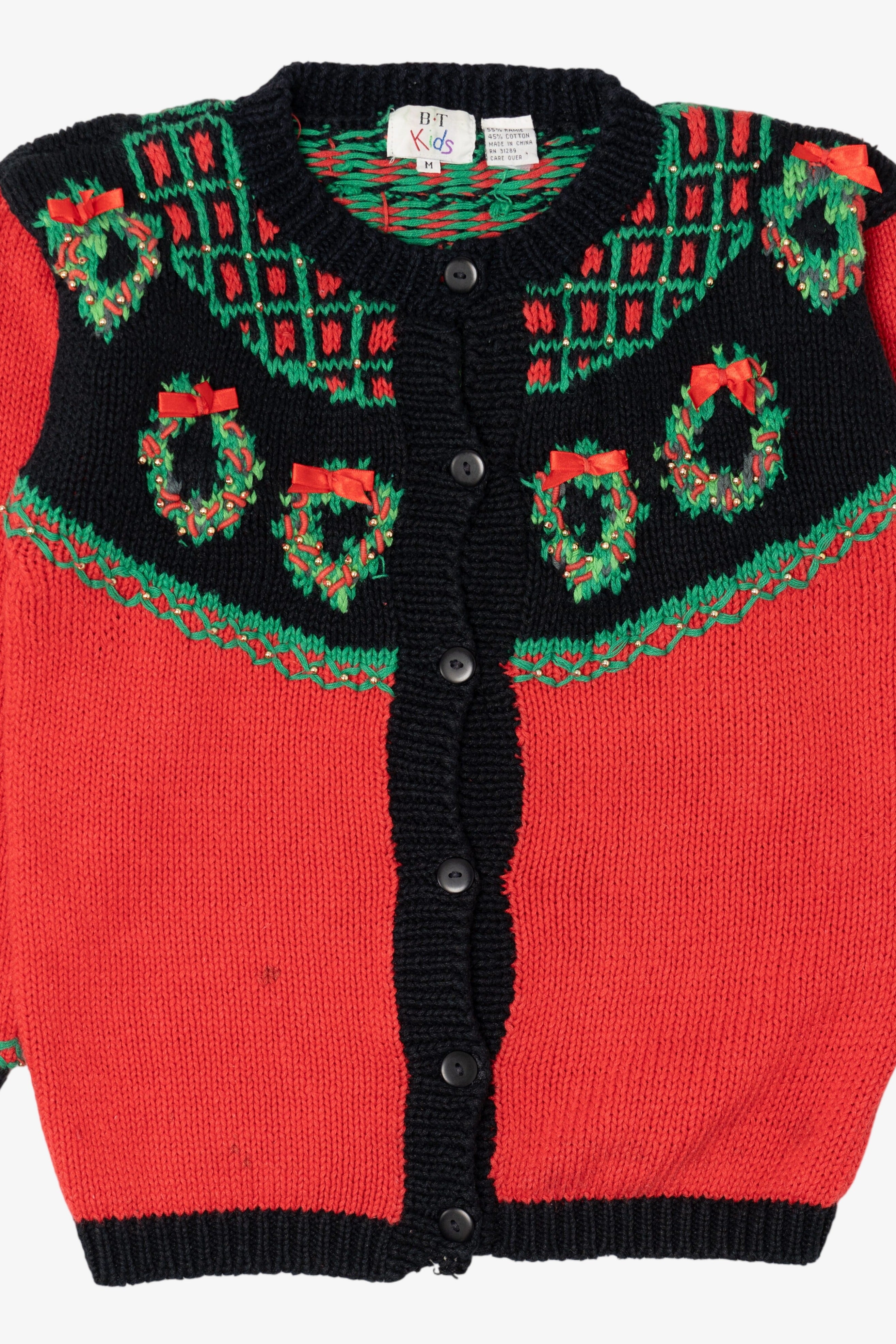 Vintage Red B.T Kids Wreaths Ugly Christmas Cardigan (1990s)