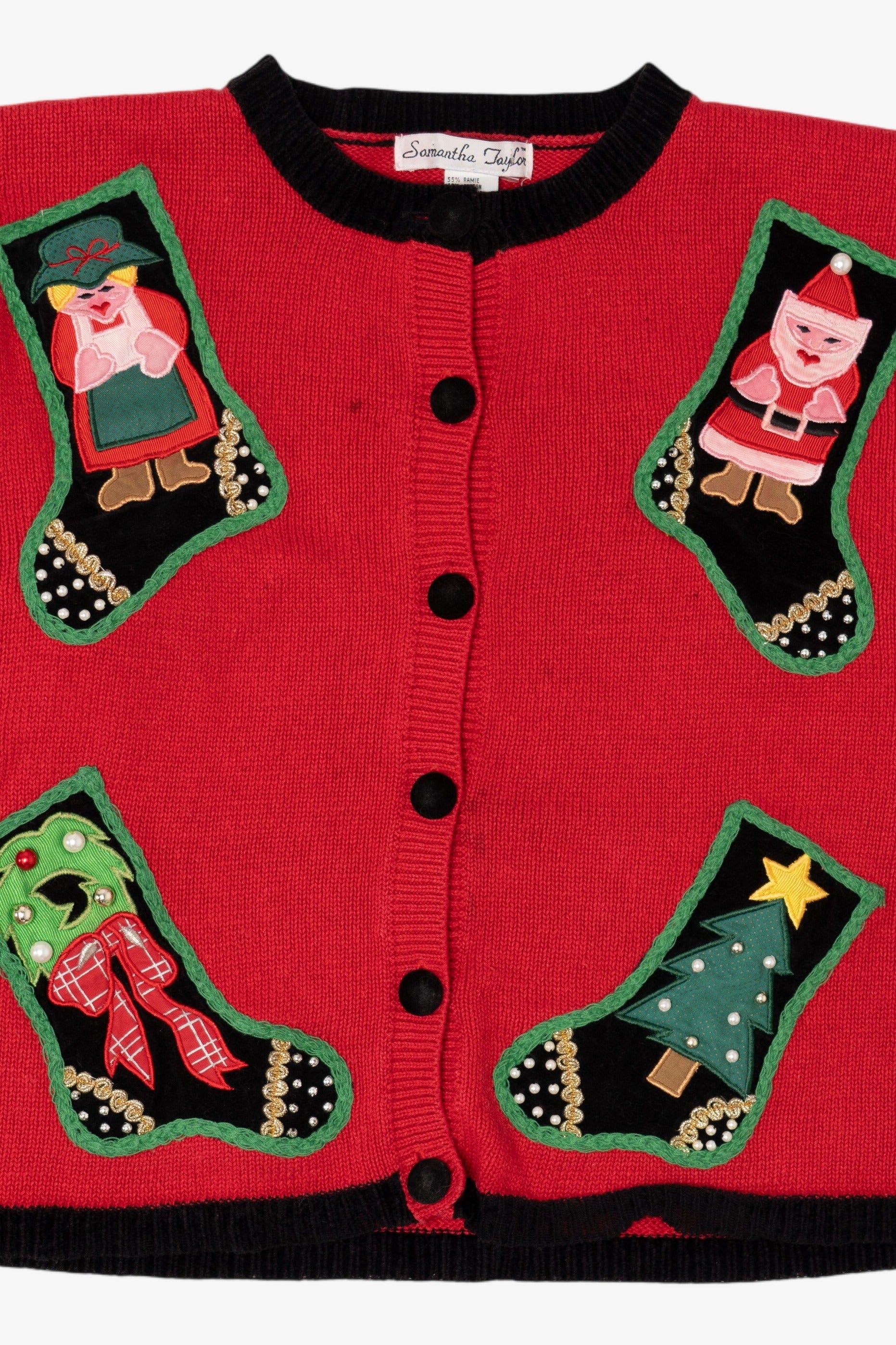 Vintage Red Samantha Taylor Stockings Ugly Christmas Cardigan (1990s)