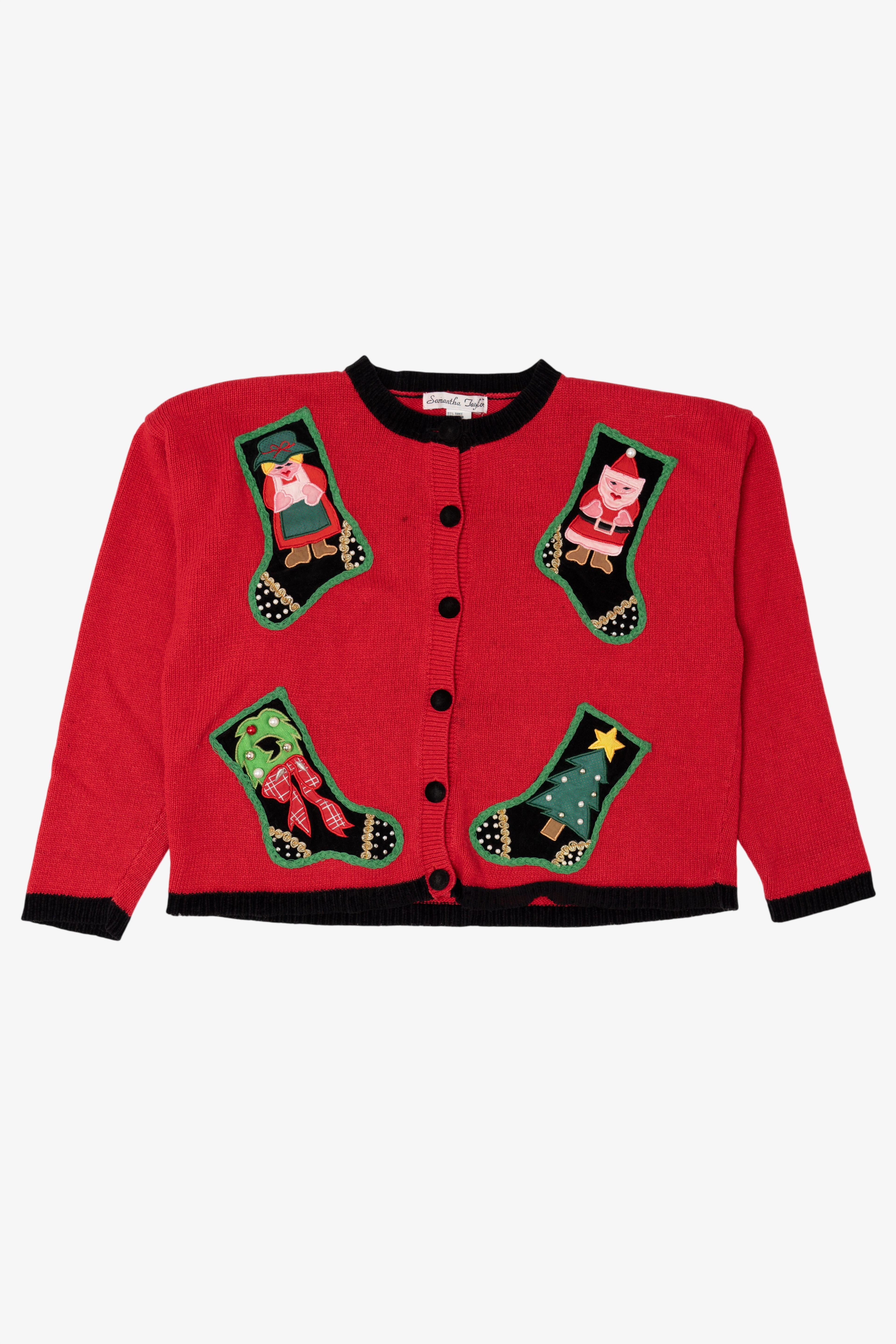 Vintage Red Samantha Taylor Stockings Ugly Christmas Cardigan (1990s)