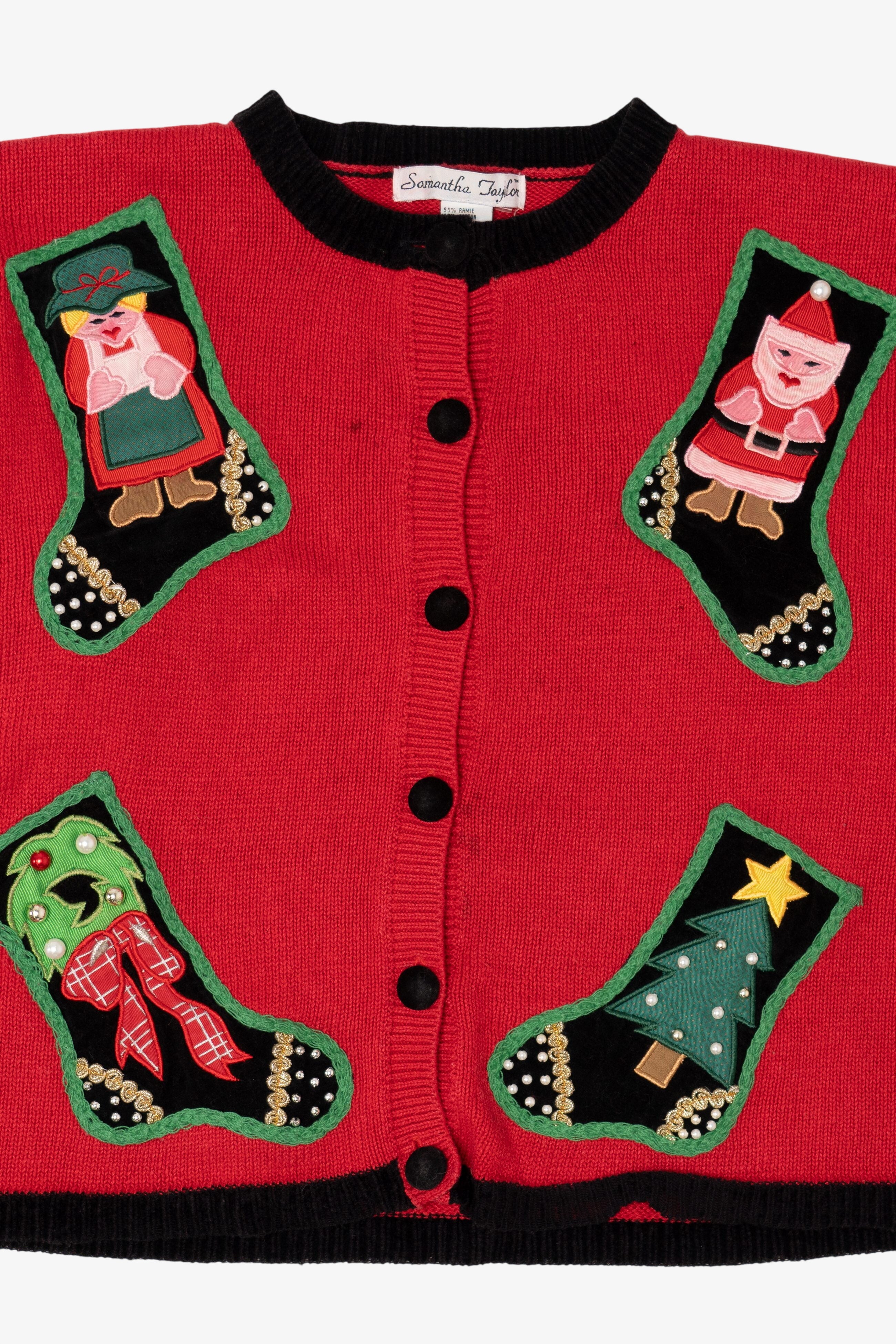 Vintage Red Samantha Taylor Stockings Ugly Christmas Cardigan (1990s)