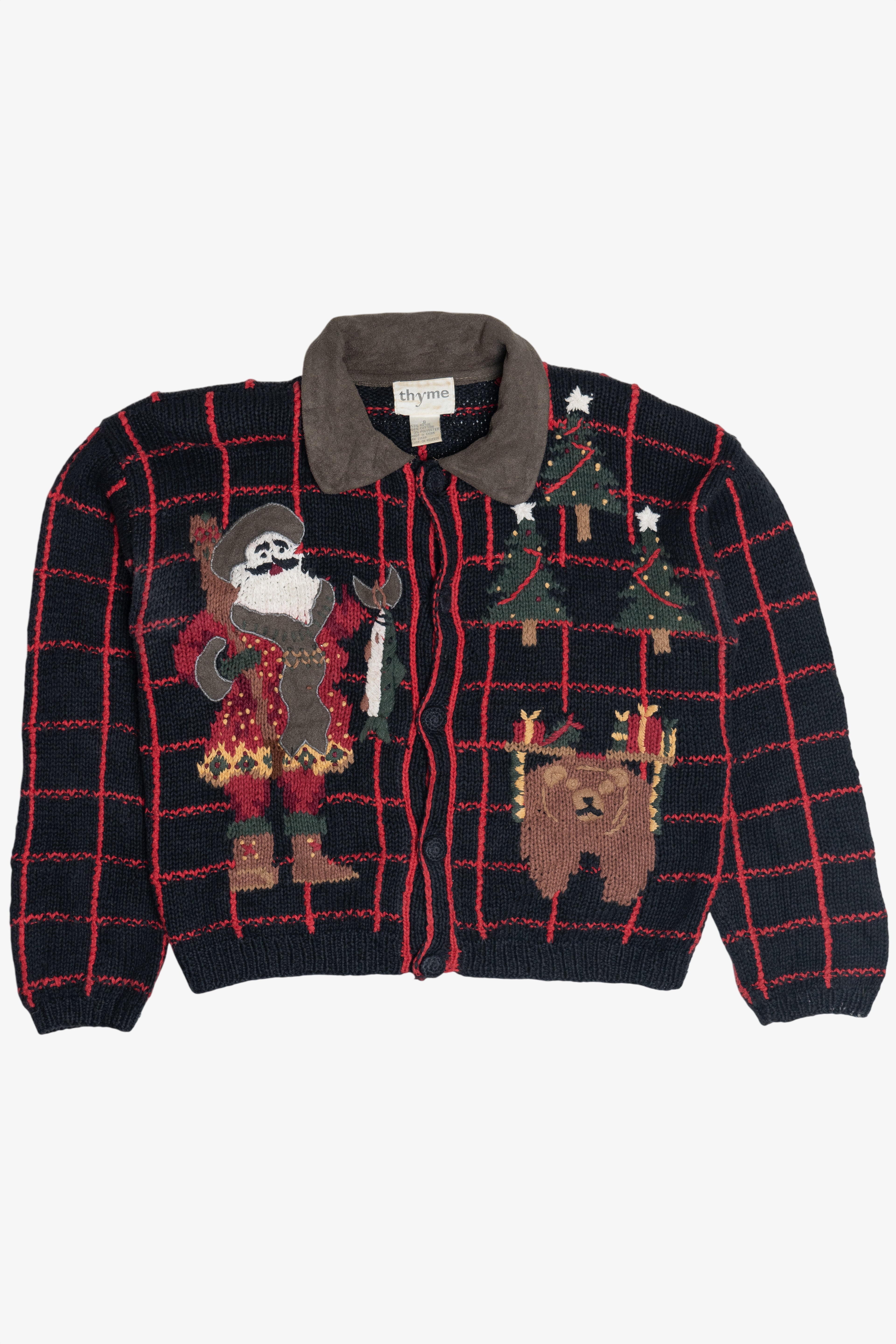 Vintage Fishing Santa Woodsy Theme Ugly Christmas Cardigan (1990s)