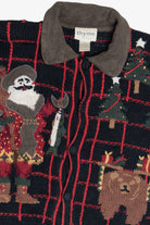 Vintage Fishing Santa Woodsy Theme Ugly Christmas Cardigan (1990s)