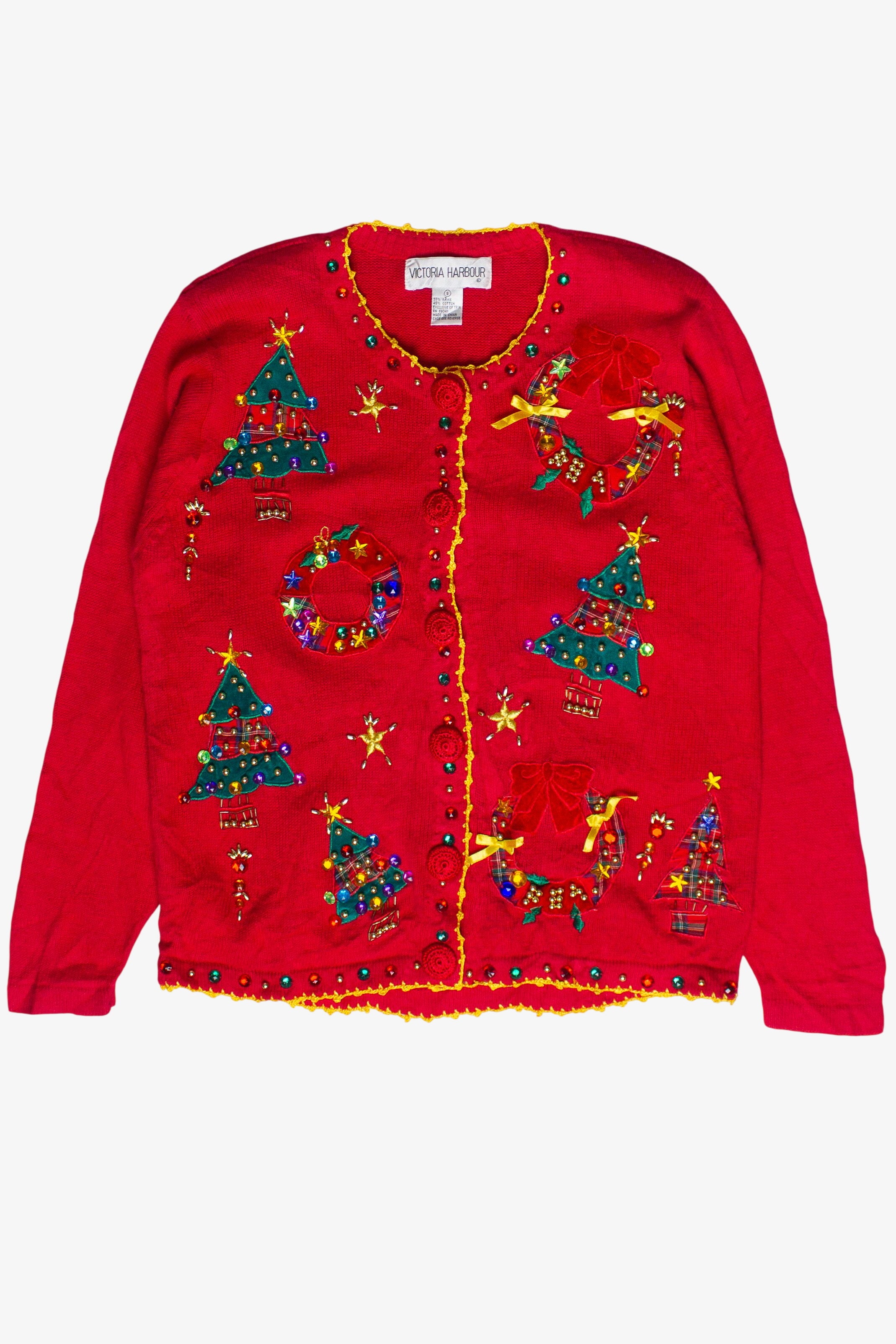 Vintage Victoria Harbour Bejeweled Christmas Wreaths and Trees Ugly Christmas Sweater