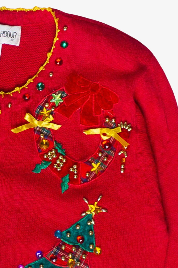 Vintage Victoria Harbour Bejeweled Christmas Wreaths and Trees Ugly Christmas Sweater