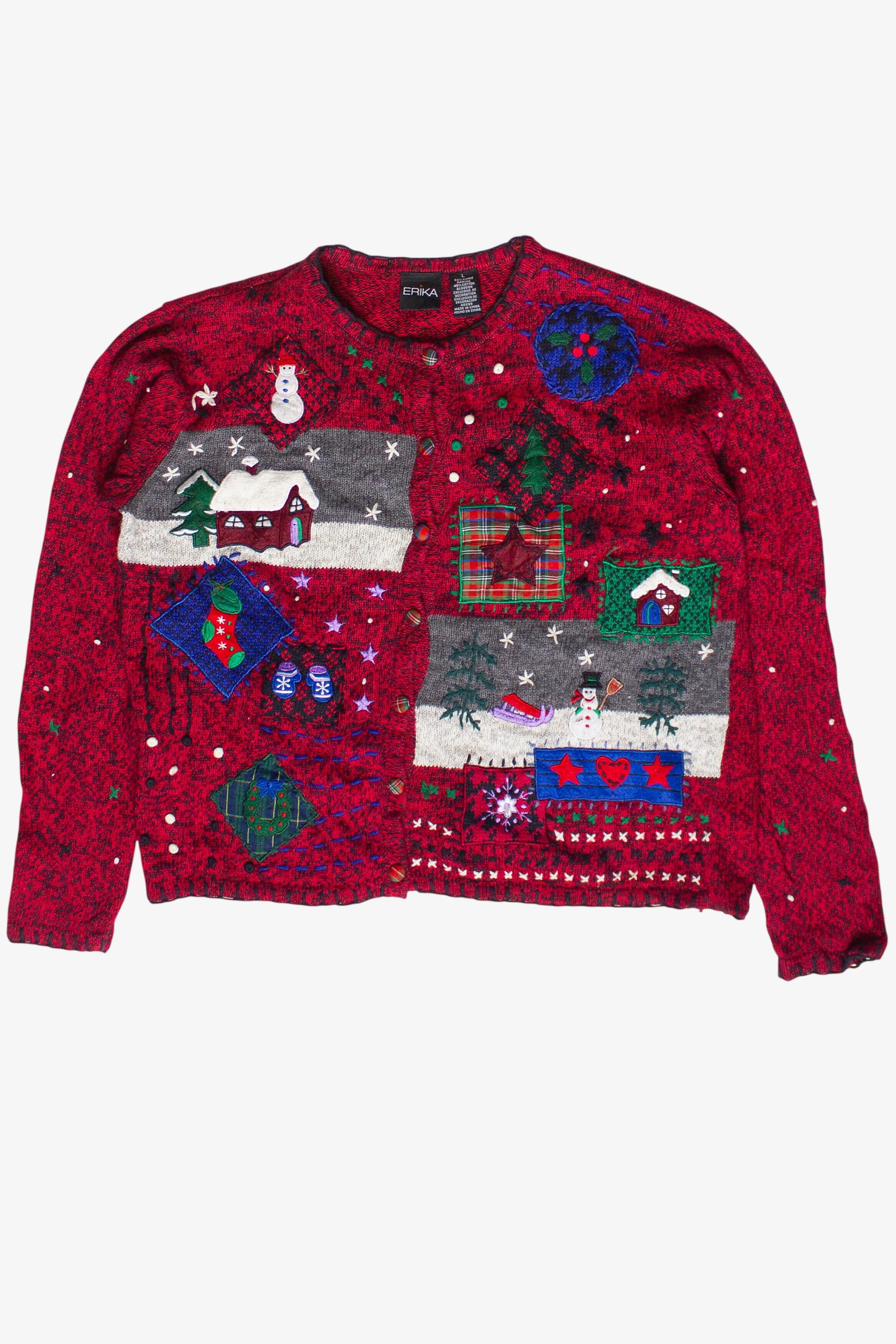 Vintage Erika Cozy Winter Cottage Patchwork Ugly Christmas Sweater