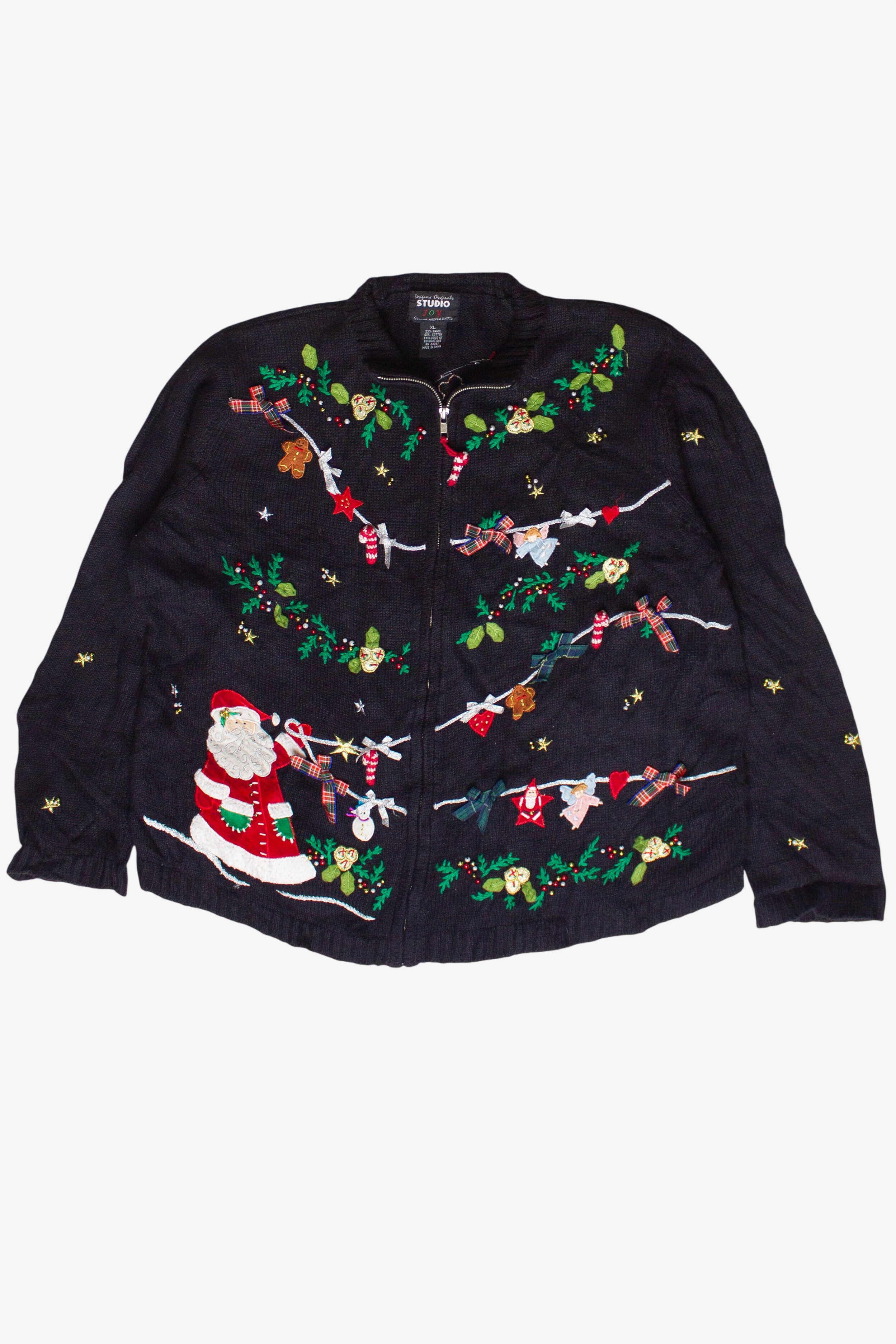 Vintage Santa Decorating Ugly Christmas Zip Up Sweater 