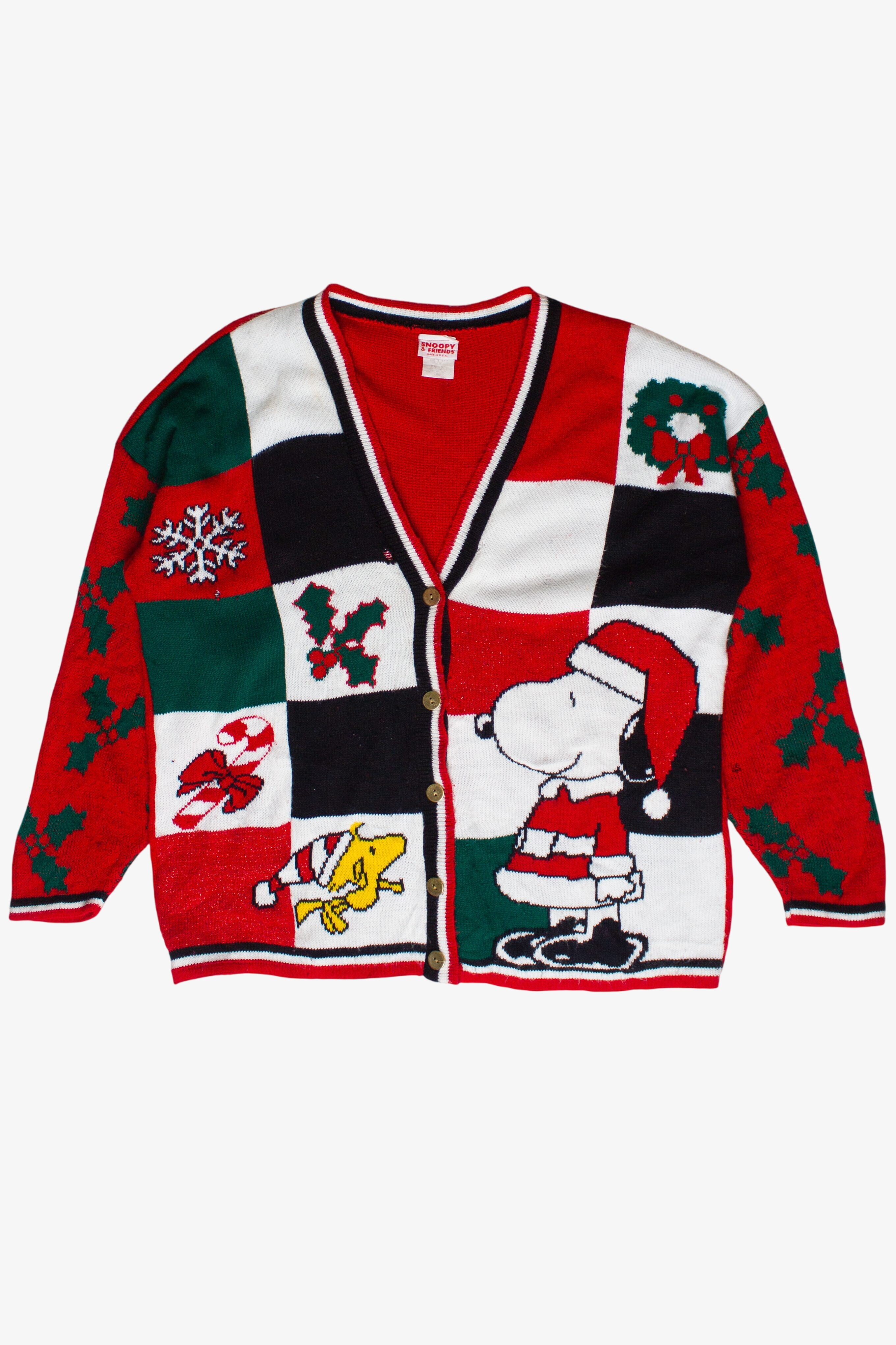 Vintage Snoopy and Woodstock Checkered Ugly Christmas Cardigan Sweater (1990s)