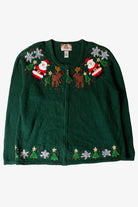 Vintage Green Santas And Reindeer Christmas Cardigan (1990s)