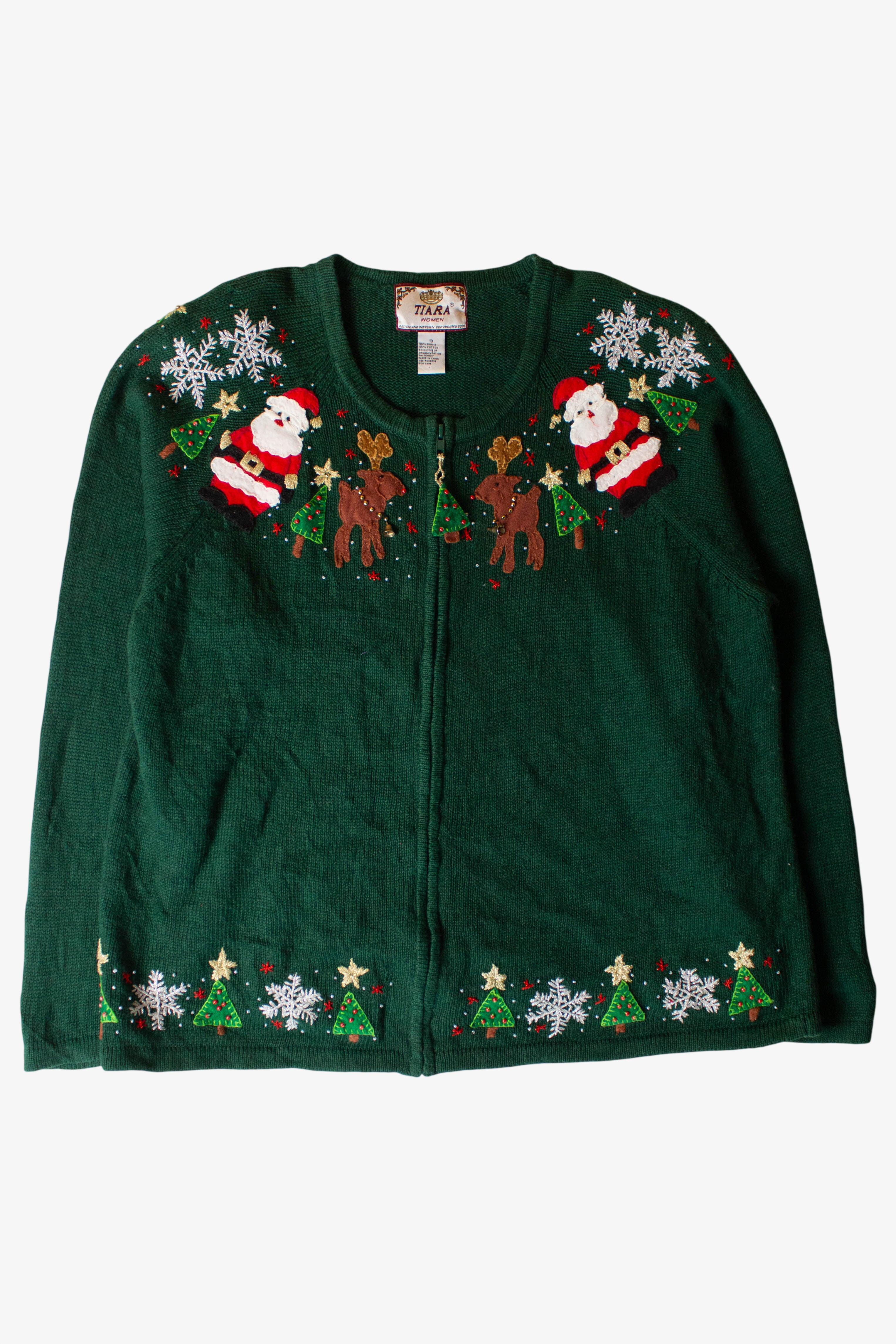 Vintage Green Santas And Reindeer Christmas Cardigan (1990s)