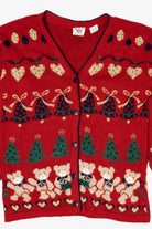 Vintage Red Nutcracker Teddy Bears Ugly Christmas Cardigan (1990s)